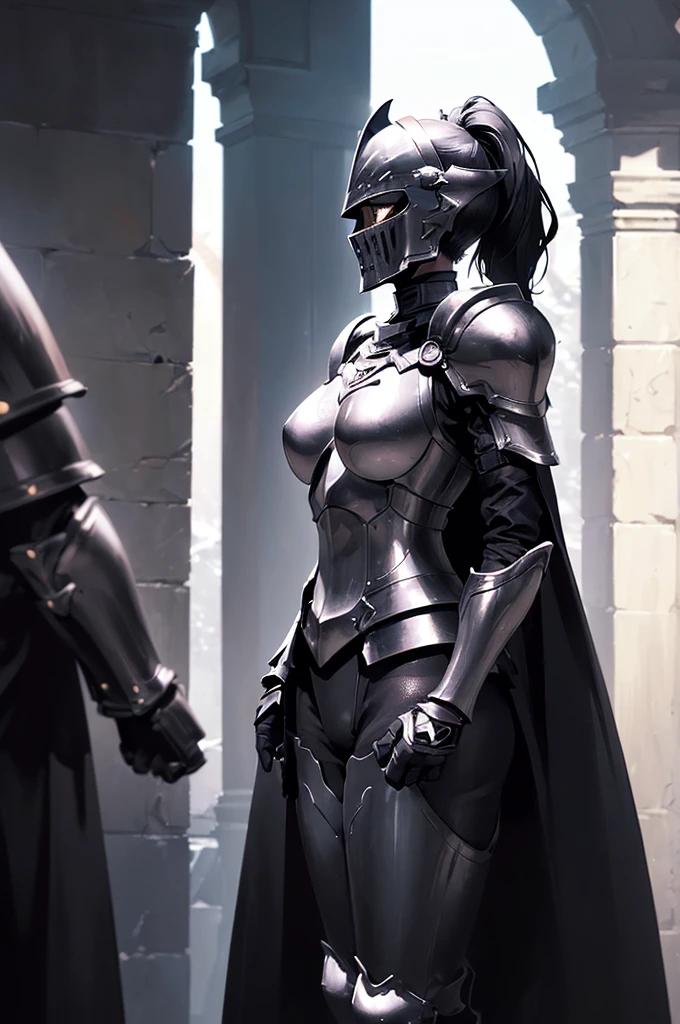 (masterpiece; best quality: 1.2), ((full armored knight woman)), ((solo)), (black eyes: 1.4), (body; toned, lithe, femenine: 1.3), (beautiful and clear background: 1.2), ((depth of field)), (equipment: full plate all-dark black-black realistic armor + closed helmet with ponytail + black cape: 1.3), (anime illustration: 1.2), (background composition; garden exterior + furniture: 1.1), (extremely fine and beautiful: 1.1), (shot composition; standing + centered on torso + close-up: 1.5)