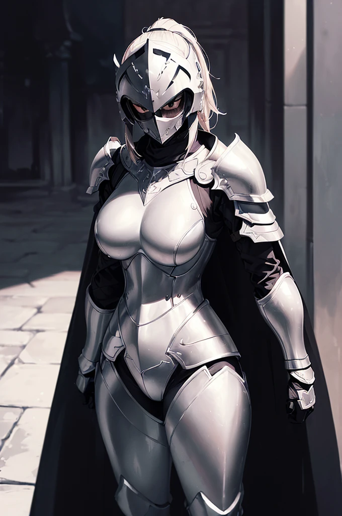 (masterpiece; best quality: 1.2), ((full armored knight woman)), ((solo)), (black eyes: 1.4), (body; toned, lithe, femenine: 1.3), (beautiful and clear background: 1.2), ((depth of field)), (equipment: full plate all-dark black-black realistic armor + closed helmet with ponytail + black cape: 1.3), (anime illustration: 1.2), (background composition; garden exterior + furniture: 1.1), (extremely fine and beautiful: 1.1), (shot composition; standing + centered on torso + close-up: 1.5)