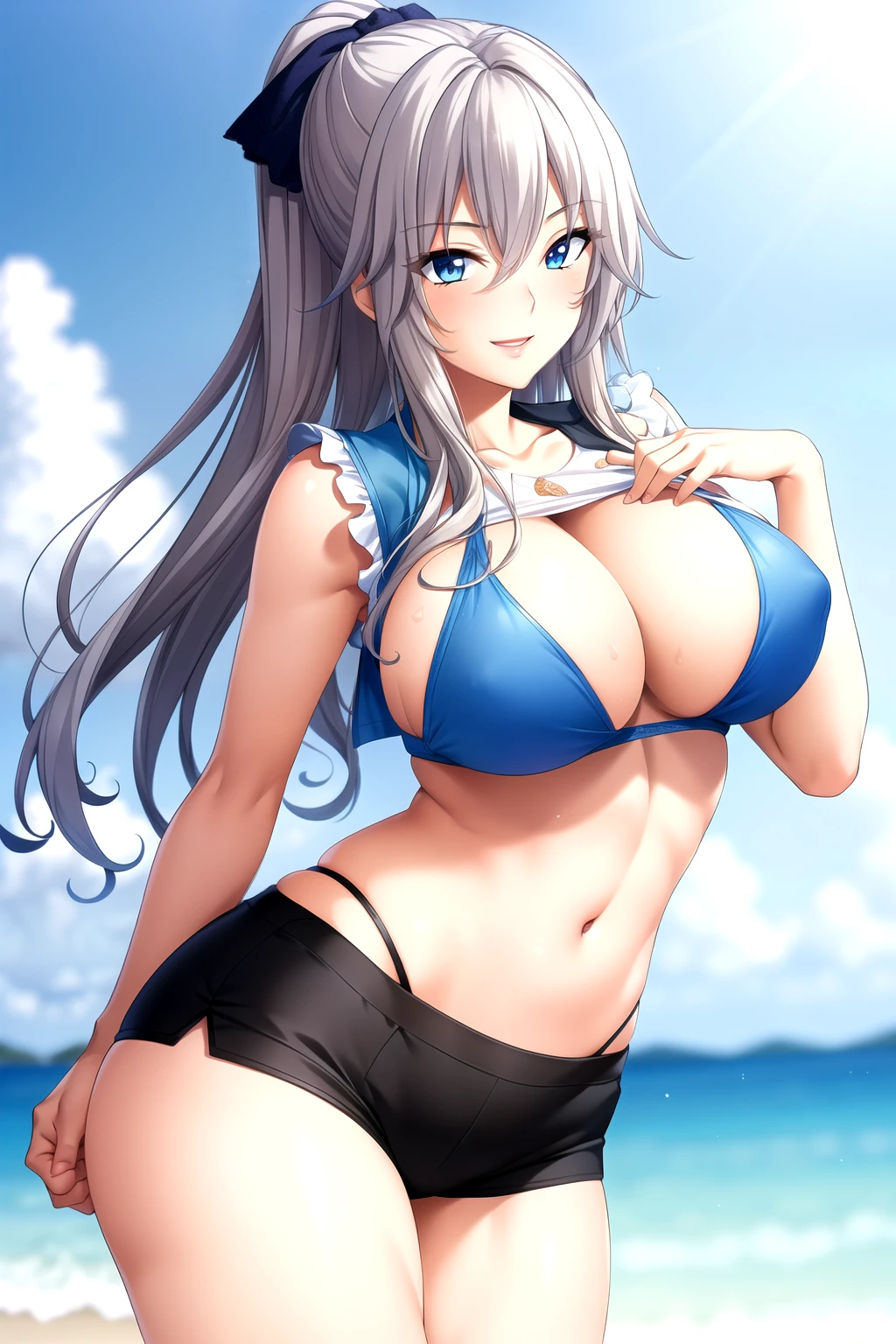 Sports vest，sports Shorts,full hand, Perfect hands, Clear fingers, 1 girl,20 years old, Young women,Fair Finger,Fair long legs,Fair Body,Fair Nose,Fair character design, Perfect eyes, perfect Face,Expressive eyes, Looking at the audience,(lead_Body),(Focus on her Face), Official Art,Extremely detailed CG unity 8k wallpaper, Perfect Lighting,rich and colorful, bright_front_Face_Light,Light skin, (masterpiece:1.0),(最OK_quality:1.0), Ultra-high resolution,4K,Very detailed, photography, 8K, Human Development Report, high resolution, absurd:1.2, Kodak Portrait 400, Film Grain, Blurred background, Bokeh:1.2, Lens Light Halo, (Full of energy_color:1.2) (Fair,Target_Chest:1.3), (Fair_Face:1.5),(narrow_waist),happy，Smile，Beach background