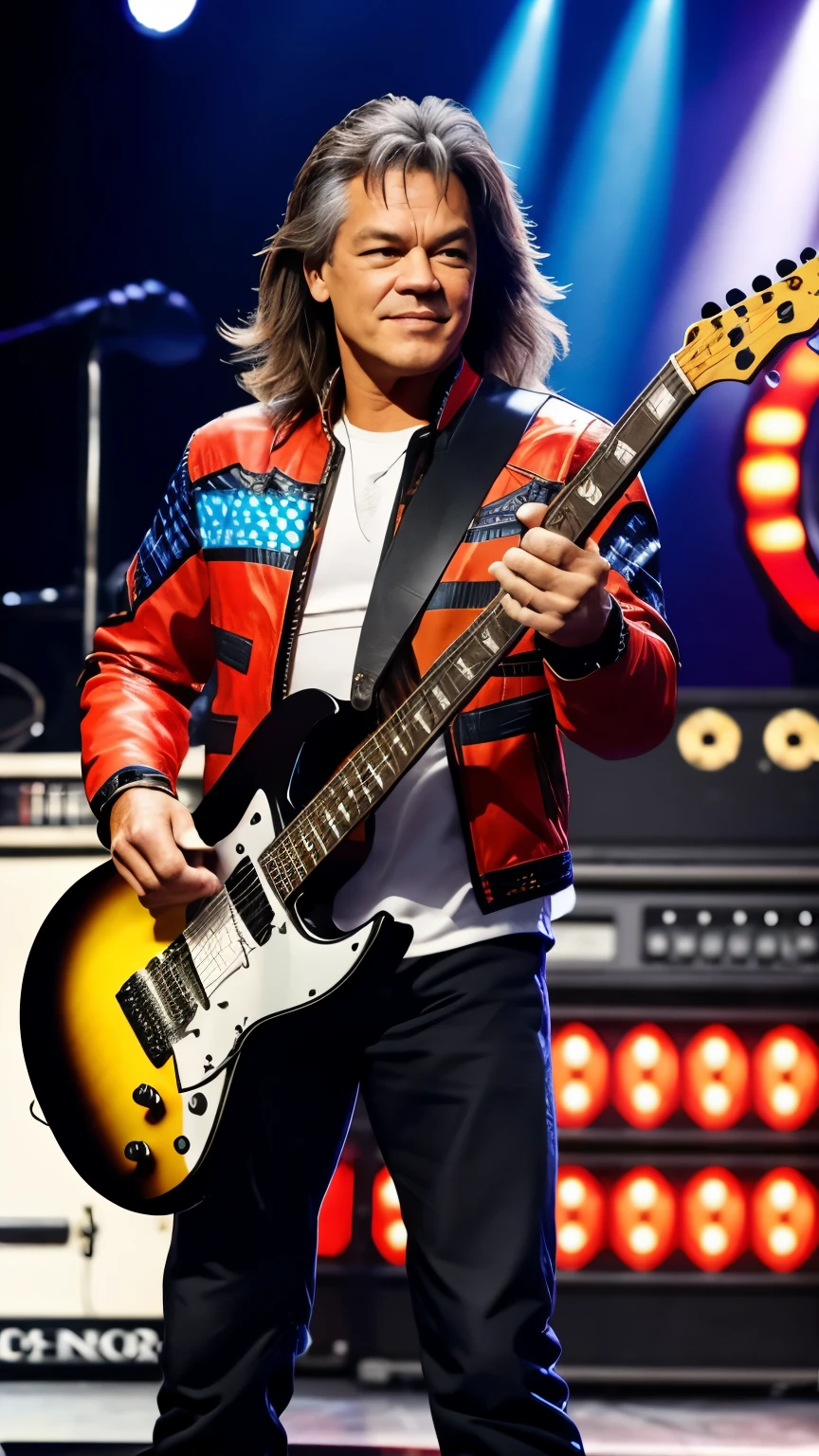 eddie Van halen, ON STAGE PLAYING ELETRIC GUITAR, STAND FULL BODY,MULTI COLOR JACKET,WHYTE PENTS