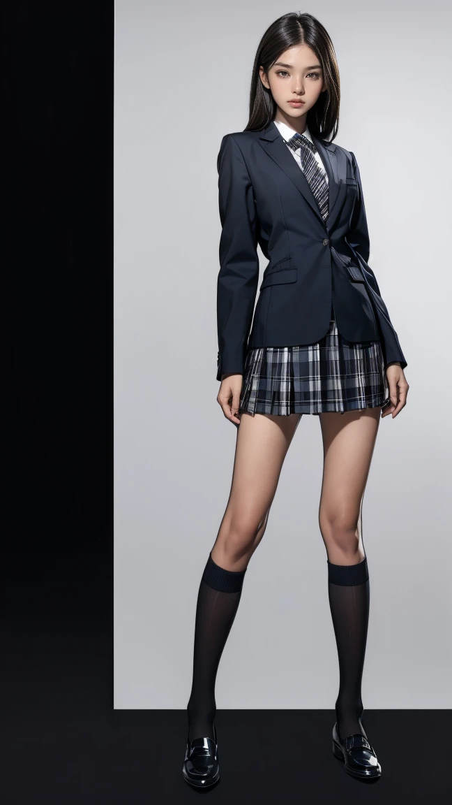 ((best quality,4k,highres,masterpiece:1.2)),((character concept art)), 1 female, teenage female, 15-year-old Asian beauty queen, ((black shoulder-length hair)), black hair, (snow-white skin colour), ultra finely detailed eyes (brown eyes colour), confident, beautiful, , slim body build, ((intricate detail)), super finely detailed hands, ultra finely detailed fingers(((ten fingers))), wearing navy stripe school blazer over white long sleeves school shirt with loosened bore,, plaid mini school skirt, black school sock, and black school loafers, (standing provocatively), (full body showcase), (show full body), (no logos on background), (no logo), ((plain background)), ((plain background)), (((empty background)))