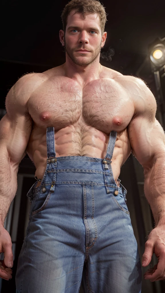 Masterpiece, denoise, void noise, two men, best quality, 8k resolution, male focus, focus only, amazing composition, volumetric lighting, super quality, elegant, Very detailed, front view, -----------, 35 years old, mature face, muscular, (((Caucasian white man, white skin:1.5, pale skin))), handsome, (detailed light-blue eyes), ((dark black hair)), big ears, (extremely hairy body:1.7), (scruffy beard:1.5), (((((Jim Sturgess mixed with Russell Tovey))))), (((big nipples:1.4))), (((perky nipples))), ------------, ((((detailed full denim overalls)))), (((looking at viewer))), (((blushed))), 