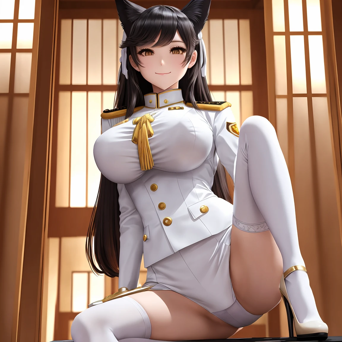 A woman wearing a white female military uniform with gold details, exposed thigh, long maroom stockings, white heels, golden medal, white gloves, ((Huge breasts)), yellow eyes, very dark black hair, long hair, long neko ears, smiling, walking on a Japanese platform, with views of traditional Japanese houses, full length, anime style, sparkle, drop shadow, bloom, UHD, masterpiece, accurate, ((anatomically correct)), textured skin, super detail, high quality, best quality, 8k, highres, (solo woman)
