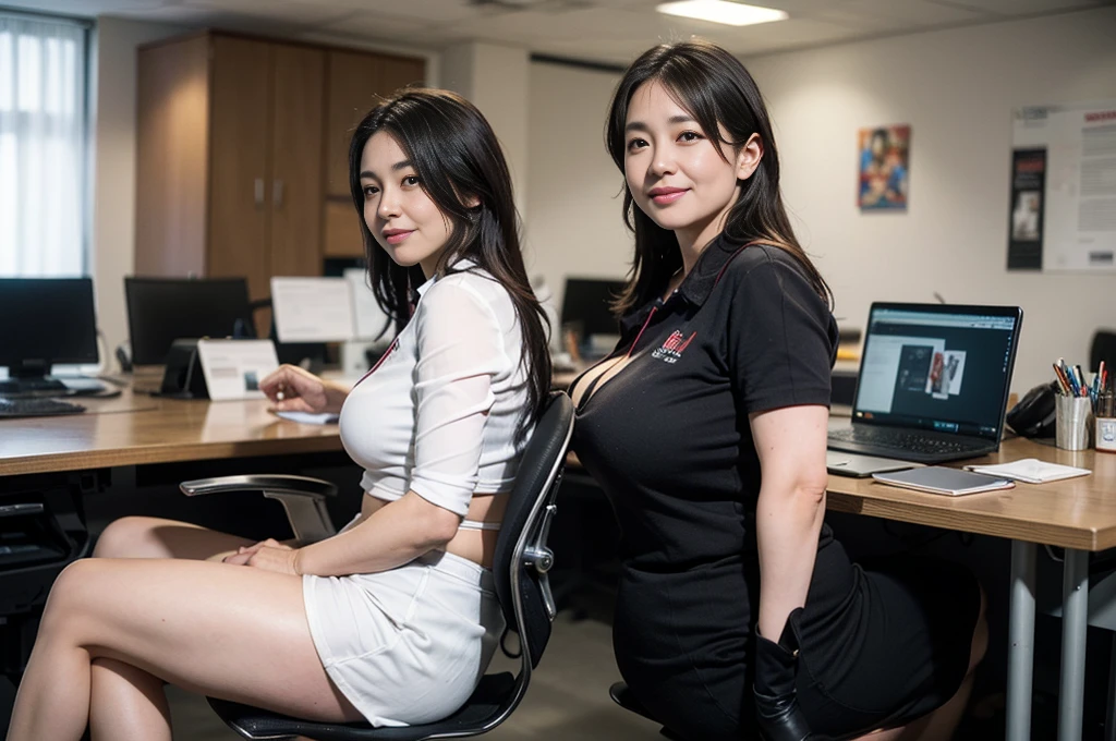 ((Best Quality, 8k, Masterpiecedetails, ultra-high resolution)), (group picture),(looking at the viewer), (full shot:), attractive business 5 milfs, 5 people, a bit chubby:0.15, seductive expression, underwear, (sitting on office desks)), smile, office of CEO,
