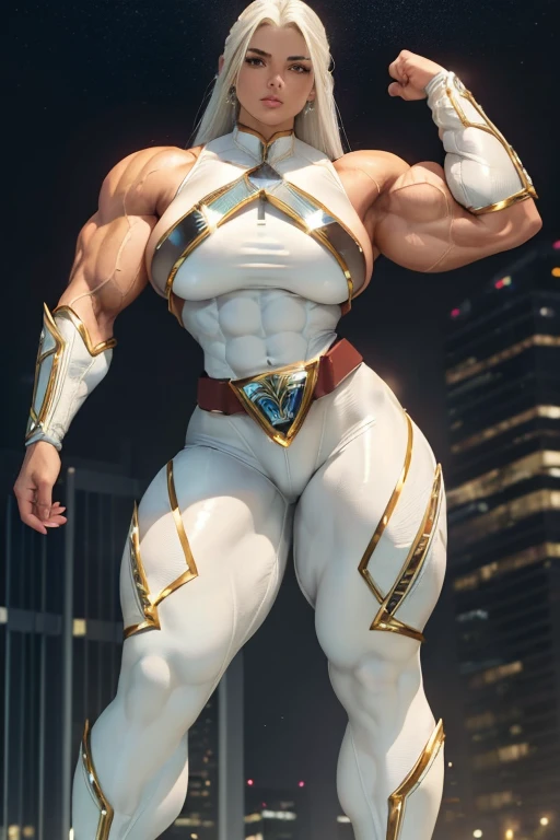 ((((Massive, beautiful, buff, light brown skinned muscular woman with white hair, ginormous bulky muscles and wearing a sparkly white power ranger suit with power ranger pants)))), (large breast), massive muscle, massive biceps, hyper muscle triceps, long straight white hair, blue eyes, ((sparkly power ranger suit)), (sparkly power ranger pants), power ranger gloves, spiked gauntlets, high heels boots, (in a city at night), smirk, hyper muscles arms, hyper muscle legs, massively arms.