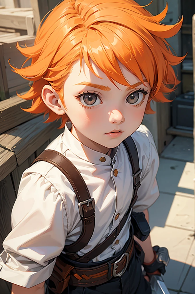 little boy with short orange white hair, white eyes, with a big sword
