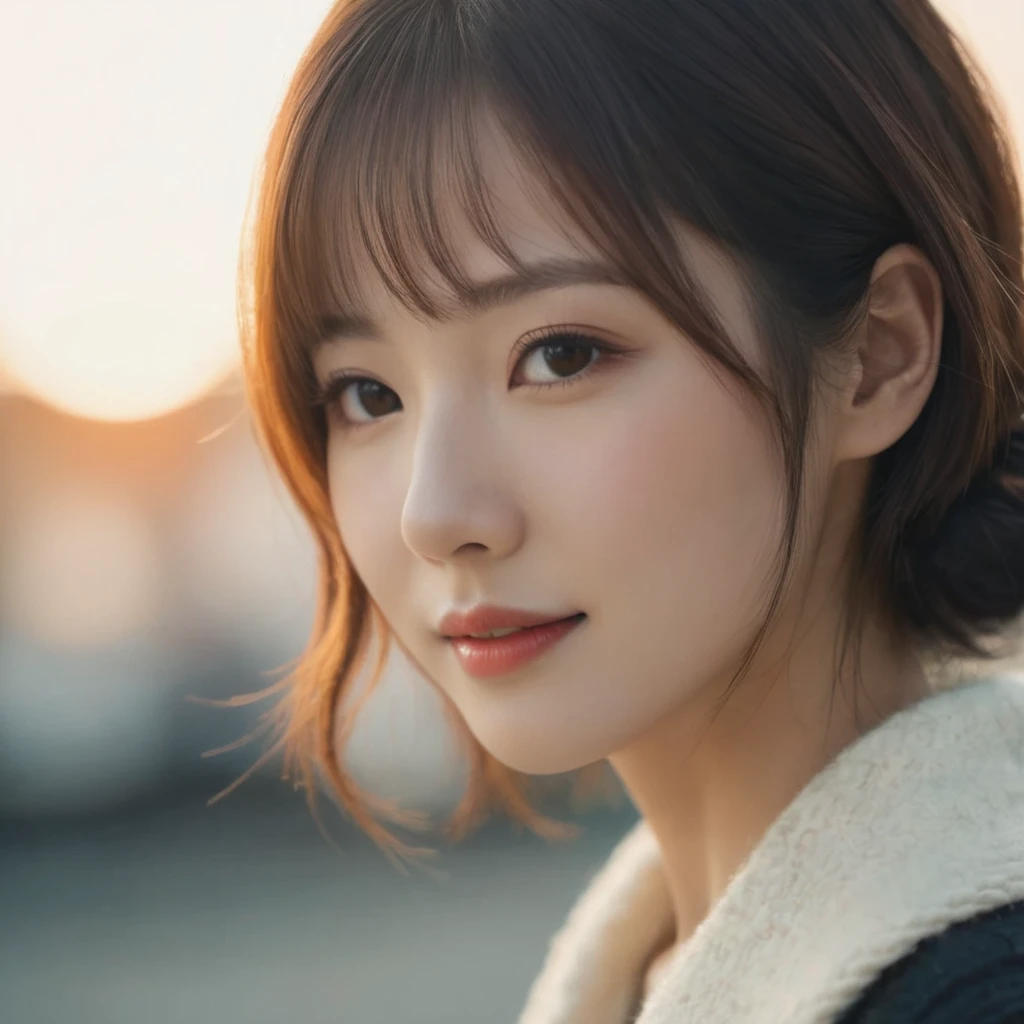 Closed lips, Cute Smile, moviephotograph (art:Matthias Goeritz:0.9) , photograph, From the side, The most beautiful British-Japanese women, Random representation,The Sunset Sun, cloud, Tilt Shift, H, Mirror reflection illumination, movie grain, Samsung Galaxy, debt/5, (movieの静止画:1.2), 35mm photograph, movie, Bokeh, Professional, 4K, Very detailed ,1 Girl,The middle of a journey,Yuzu, perfection, refer to, ,Very realistic White shirt Long blonde