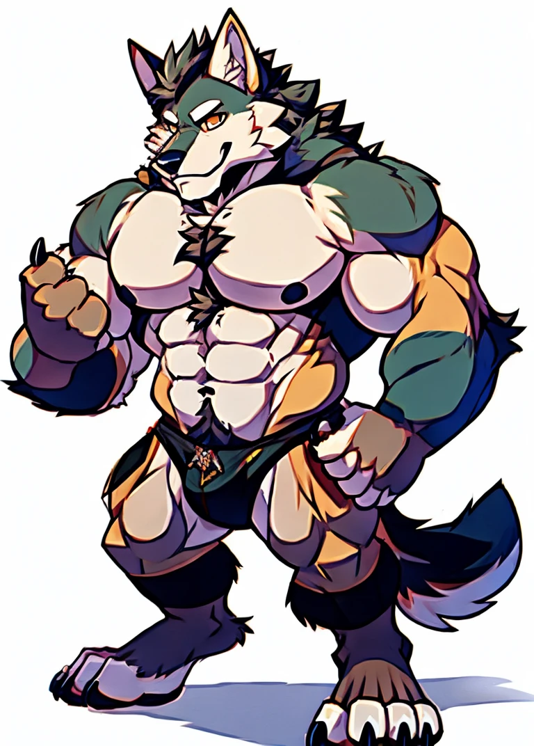 Human-wolf,musculous,Hairy all over,clawed paws,erect through
