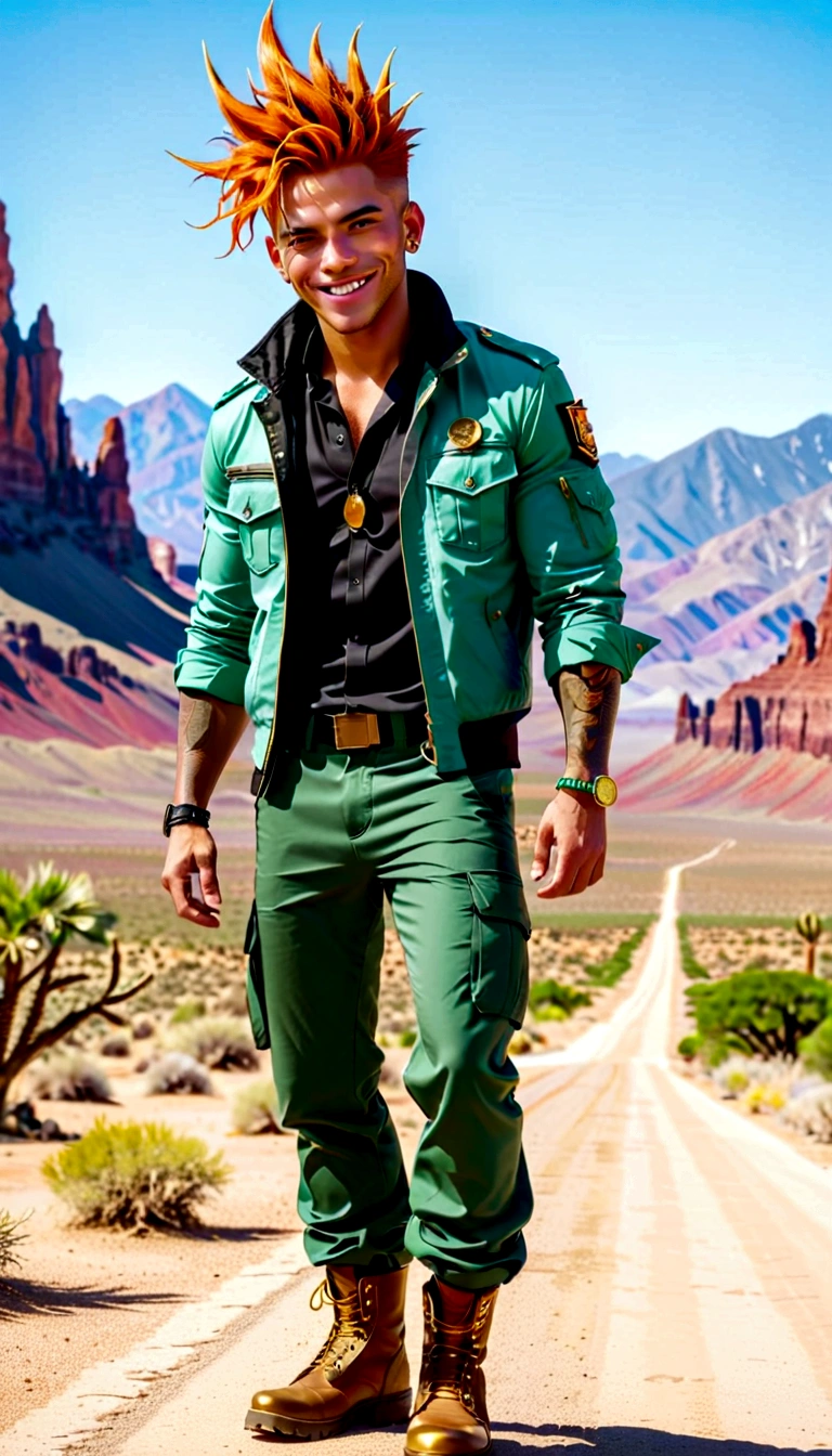 Muscle Man, Definition, Gold rings on all fingers, Light Blue Gangster Jacket, Black shirt under the jacket, Green long march pants, Brown military boots, Smile, Orange Spiked Hair, Messy hair, short hair, s eyes, Desert scenery and mountains, Landscape with monsters.