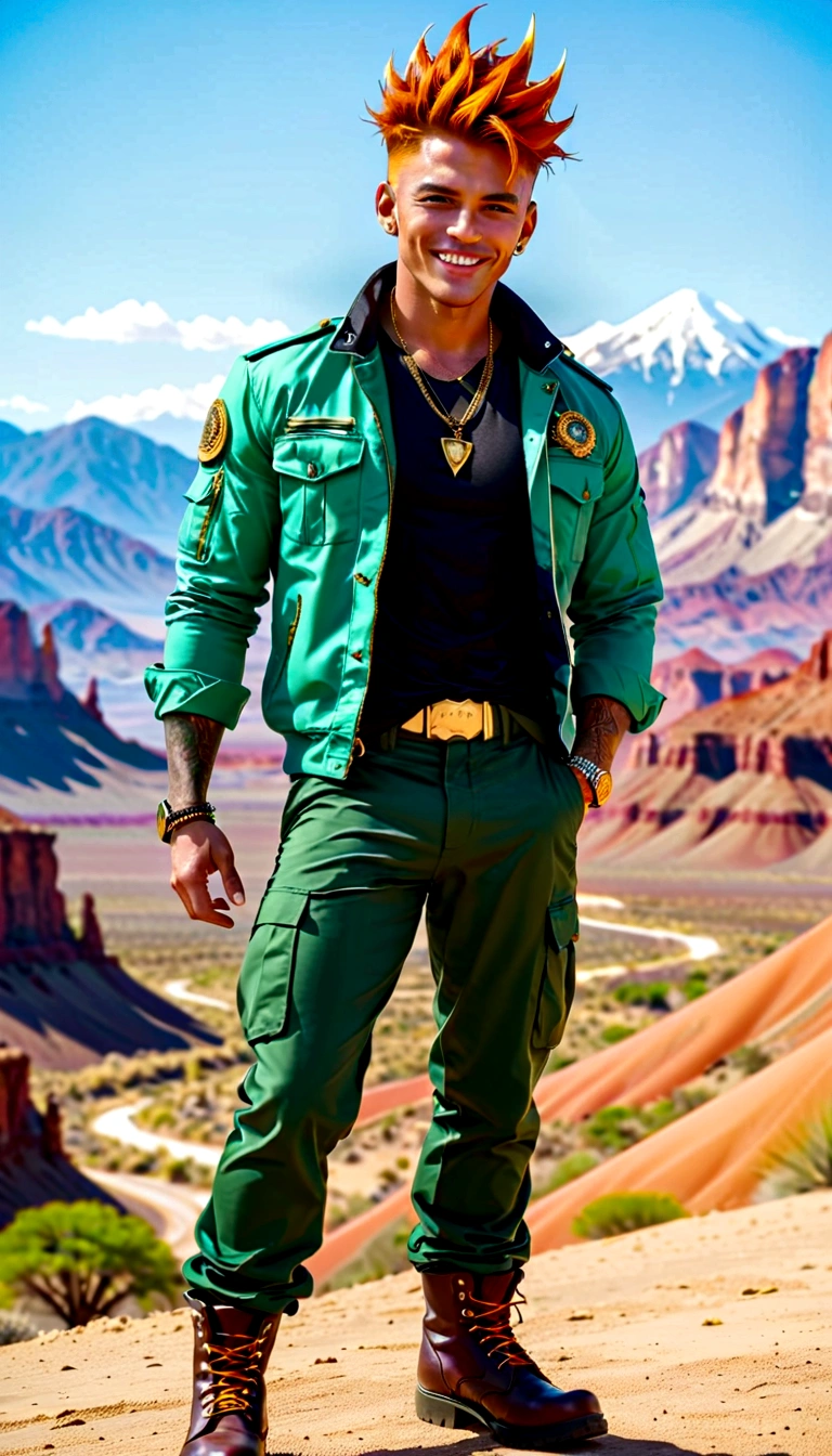 Muscle Man, Definition, Gold rings on all fingers, Light Blue Gangster Jacket, Black shirt under the jacket, Green long march pants, Brown military boots, Smile, Orange Spiked Hair, Messy hair, short hair, s eyes, Desert scenery and mountains, Landscape with monsters.