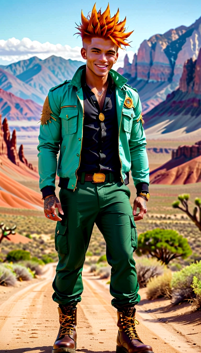 Muscle Man, Definition, Gold rings on all fingers, Light Blue Gangster Jacket, Black shirt under the jacket, Green long march pants, Brown military boots, Smile, Orange Spiked Hair, Messy hair, short hair, s eyes, Desert scenery and mountains, Landscape with monsters.