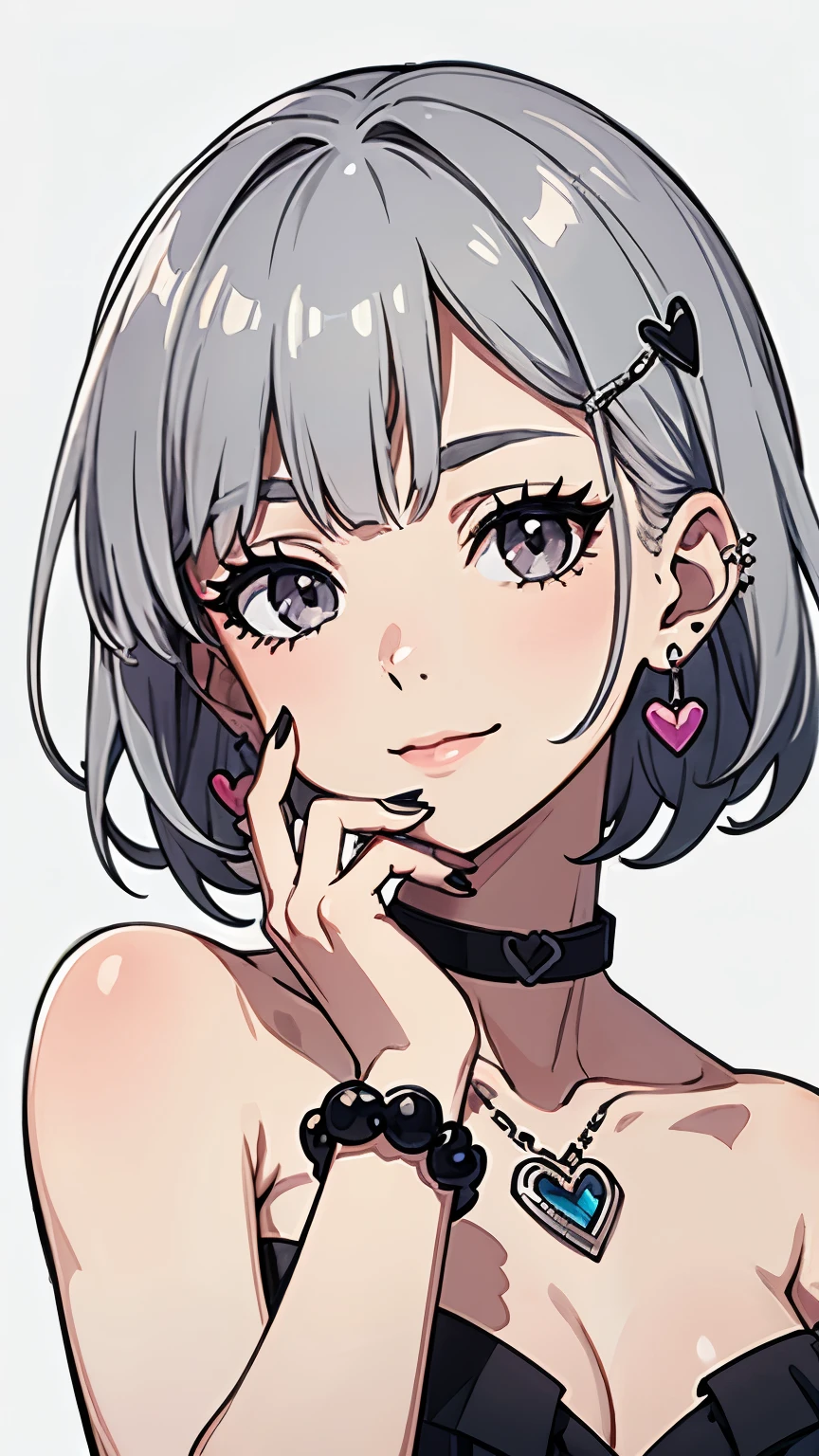 pilyeon, solo, 1girl, black nails, jewelry, short hair, looking at viewer, choker, necklace, hand on own face, piercing, white background, heart, closed mouth, grey eyes, nail polish, simple background, grey hair, ear piercing, black choker, smile, eyelashes, lips, hand on own cheek, bangs, bracelet, beads, gem, earrings, fingernails