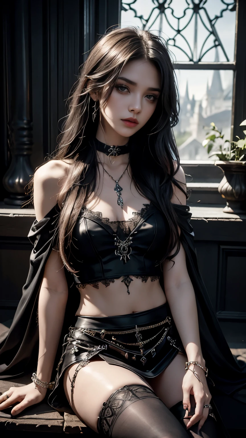 Gothic style photorealistic. 1girl, tattoo, long hair, witch hair, solo, navel, detailed eyes, jewelry, bracelet, choker, small breasts, looking at viewer, realistic, necklace, white skirt, bare shoulders, thigh highs, mesh cape, Dark, mysterious, haunting, dramatic, ornate, detailed, sitting,