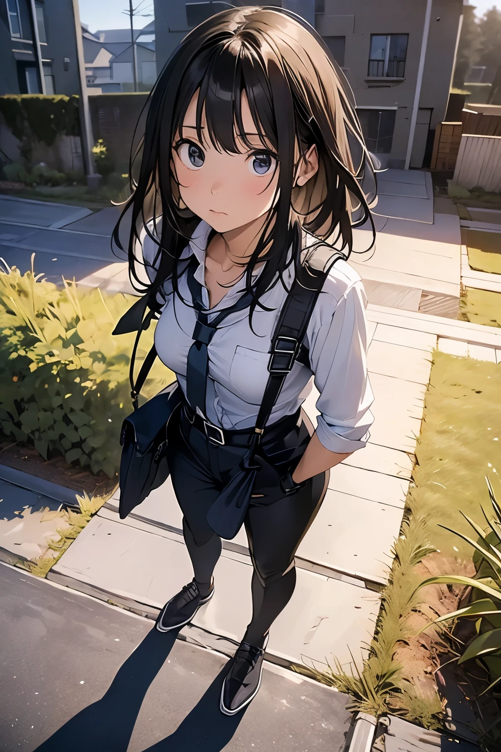 high quality, masterpiece, Ultra-high resolution, (realism: 1.4), Oil painting style, Cinema Lighting, An endless grassland dotted with a few houses, I stood on the empty asphalt road and looked at it., Fairy Mountain々was shrouded in mist, And the suspenders with the cranes flying Moderate breasts Small face holster Lying in bed Looking up Sweat belt summer 脇Sweat Black Hole Gloves suit shirt Black jacket Black trousers Leg Links ズボンにbelt holster Hands behind your back Anxious expression Looking up Anxious face