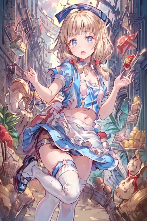 (perky chest:1.2), (pointed chest:1.2),(((Black Tunic:1.3))),(((cakes and bread in the basket),Cute and beautiful girl,Cute round face,Cute smile,with blush cheeks,Red Lip,a girl 17 years old, nsfw:1.2, beautiful body:1.3), shinny skin, BREAK, ((alice in the wonderland:1.3, cute, kawaii, lovely, funny, a girl falling down from sky:1.3, girl flying in sky:1.4, girl floating in air:1.5, rolling upskirt by wind:1.6, (with sparkling eyes and a contagious smile),open mouth, Looking at Viewer, surprised, putting hands on crotch over the skirts:1.6)), BREAK, ((floating things as follows:1.3, PlayingCards, Trump, tea cup, tea pot, tea spoons, pocket watch:1.3, lip sticks, candies:1.2, cookies, jam bottles, classical door_keys)), ((long purply_Blue dress :1.5, wearing long flaired skirt:1.3, the skirt is blowing:1.3, cute pink Apron, black stocking:1.2,garter stocking, cleavage:1.2, midriff, black shorts, black thighhighs, thigh strap, medium long platinum-blonde hair:1.2, twin tail hair:1.6, tied hair with a large ribbon), (Blue eyes, bright pupils with highlights, detailed eyes), (lying down on your back:0.7, spreading legs with rising up straight:0.7), sexy posture, fantastic colorful art, (fantasy art:1.2, wondered images:1.2), ((correct anatomy:1.5, perfect anatomy:1.3, correct hand, small foot:1.2)),