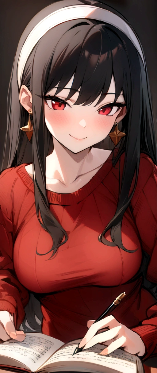 { - anatomy error} (Masterpiece, Best Quality) (masterpiece:1.4),(best quality:1.4) best quality, masterpiece, highres, solo, {yor_briar_spyxfamily:1.15}, black_hair, hairband, red eyes, sidelocks, white_hairband, jewelry, earrings, bangs, long_hair, 1girl, collarbone, closed_mouth, red_sweater, sweater,  reading, writing, dinamic poses, looking at camera, smile
