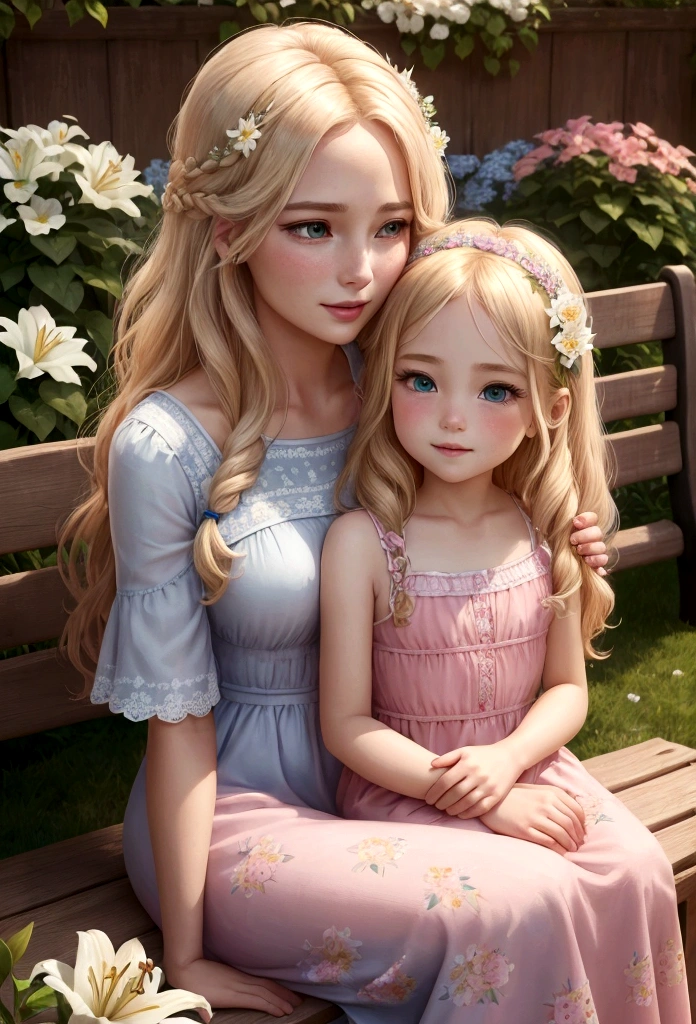 Lily's beautiful mother, Anna, joins her on the bench. Anna has long, wavy blond hair and wears a pink dress with a floral pattern. She has warm, green eyes that look lovingly at Lily, who has long blond hair, sparkling blue eyes, and wears a light blue dress adorned with small flowers. The bond between them is evident as they share a moment of quiet joy. The sun shines brightly, and the garden is in full bloom. (good quality:1.2), (Ultradetailed:1.2), (ultradetailed face:1.2), (ultradetailed body:1.2)
