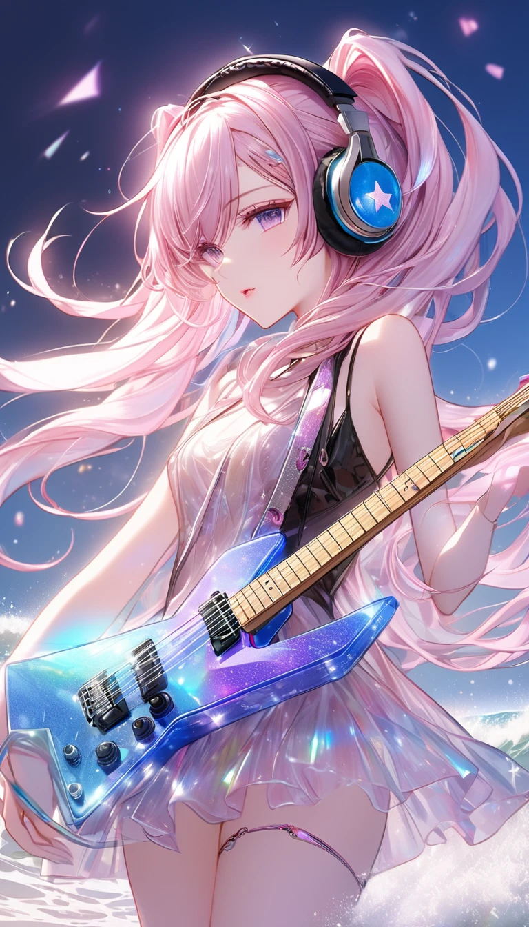 best quality, super fine, 16k, incredibly absurdres, extremely detailed, 2.5D, delicate and dynamic depiction, Megurine Luka, Vocaloid character, beautiful and cool, (playing transparent, translucent, iridescent glitter, star-shaped deformed guitar), cool and stylish headphones, attractive and seductive expression, glamorous slender body, very beautiful effects, background walking on the sea, breaking sea, big wave effect