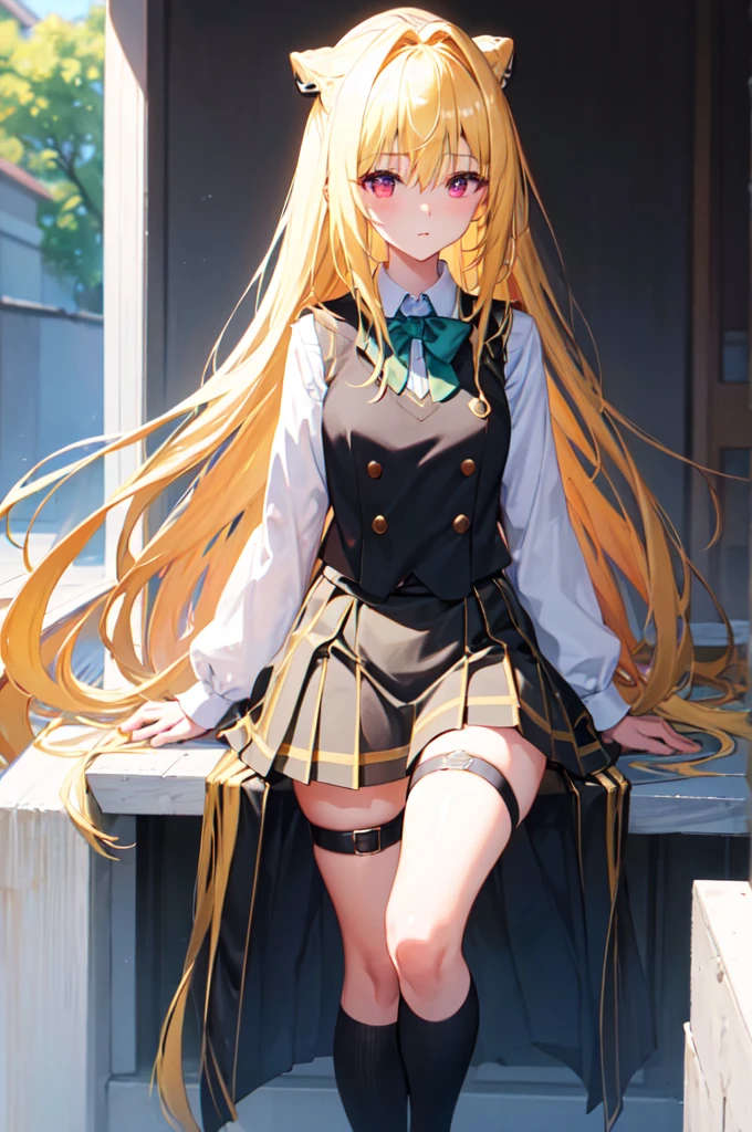 (masterpiece:1.6, best quality), (finely detailed beautiful eyes: 1.2), phyami, yamisch, 1girl, long hair, solo, , hair ornament, hair between eyes, two side up, blonde hair, very long hair, skirt, red eyes, thigh strap, sweater vest, plaid skirt, plaid, socks, two side up, hair ornament, pleated skirt, kneehighs
, パンチラ 股を開く 白いパンティ