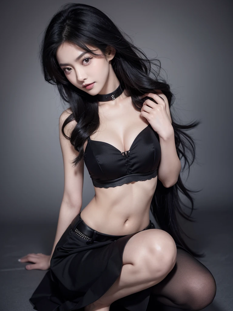 ein mädchen ist klatschnass, A Korean girl is posing in a photo studio, she wears a goth cat outfit, wavy black hair blowing in the wind. She's a men's magazine model, with a subtle smile, flirting with the camera, (in evening light: 1.2), , perfect eyes, perfect hands, perfect body, perfect hair, perfect chest, hair behind the ear, UHD, Retina, masterpiece, precise, anatomically correct, textured skin, super detailed, high details, good quality, award-winning, best quality, high-res, 16k, 8k. fullbody