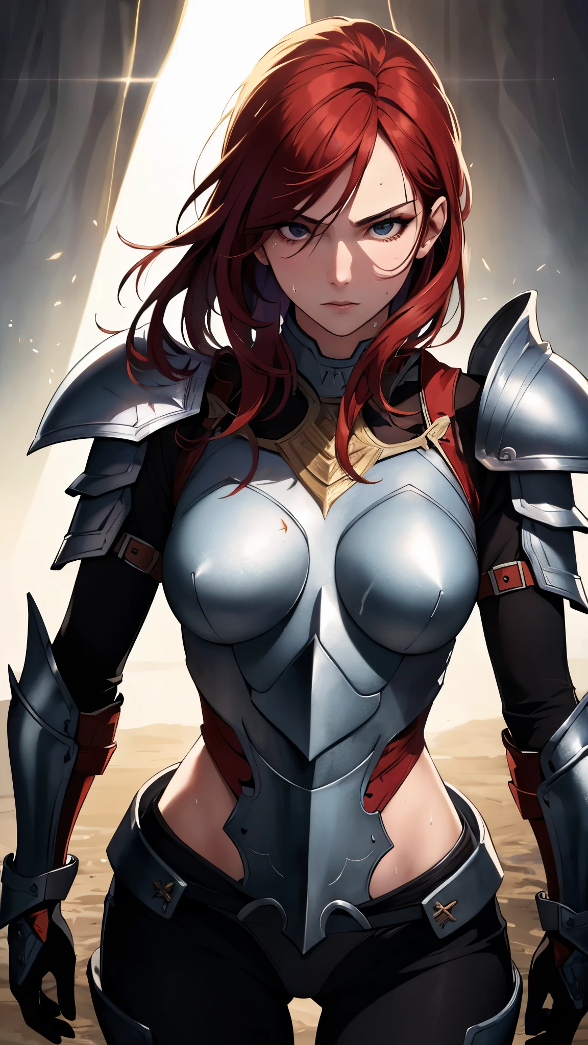 ((((masterpiece, best quality, high resolution)))), Extremely detailed 8K, 1 female, wearing a warrior type of armor, (Ultra HD, Ultra-detailed, Highly detailed, Highly realistic, Ultra-realistic, photograph realistic), (1girl:1.5), (Realistic red hair), (dynamic poses), facing at camera, looking at viewer, (a serious calm face), (regular black eyes, sharp eyes), (perky breasts:1.2), (beautiful detailed face, beautiful detailed eyes), ((armor damaged)), (preparing for a fight), sweat, glow, (sunbeam, sunlight), ((cowboy shot)), battlefield background, seductive, EnvyBetterHands LoCon,