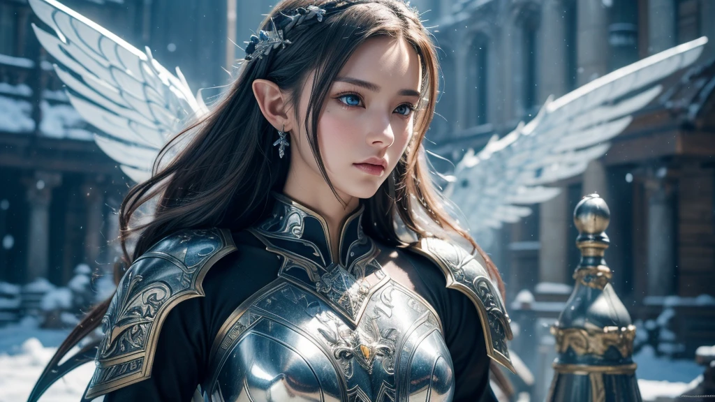 Close-up of woman holding sword and armor, Armor Girl, 2. 5D CGI anime fantasy artwork, Large Breasts，Epic fantasy digital art style, detailed Digital 2D fantasy art, Digital 2D fantasy art, original photo, (best quality:1.3), high resolution, (masterpiece), (lifelike:1.4), Professional photography, Clear focus, High Dynamic Range, 8k resolution, Intricate details, Fine details, Depth of Field, Extremely detailed CG unified 8k wallpaper, masterpiece，poster，best quality，Official Art，（Beauty and aesthetics：1.2），（masterpiece：1.3），Female Elf，individual，Light Leather Armor，complex pattern，snow，Cyberpunk style future city，Medium distance photography，（early morning），dramatic，Glowing Wings，