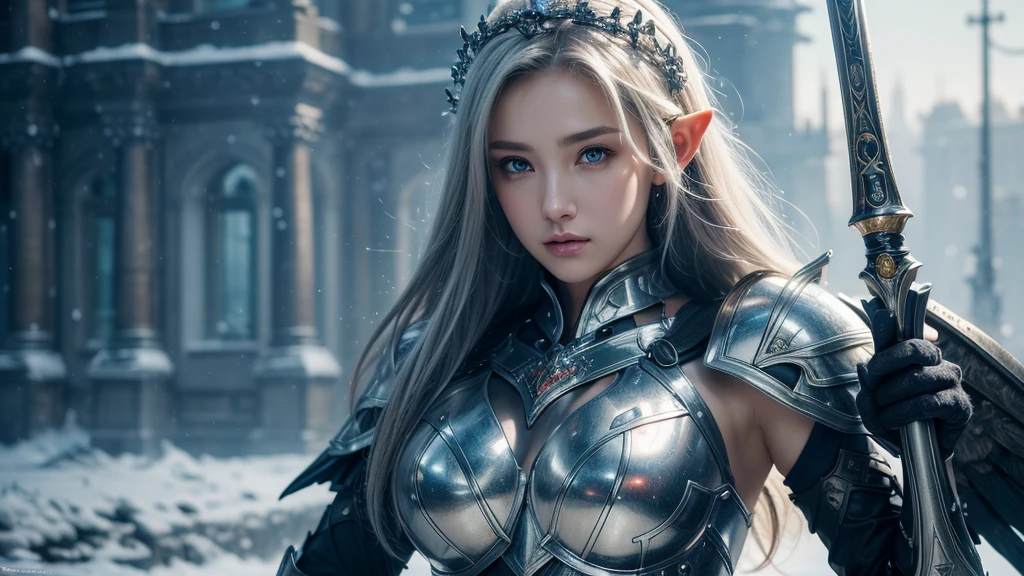 Close-up of woman holding sword and armor, Armor Girl, 2. 5D CGI anime fantasy artwork, Large Breasts,Epic fantasy digital art style, detailed Digital 2D fantasy art, Digital 2D fantasy art, original photo, (best quality:1.3), high resolution, (masterpiece), (lifelike:1.4), Professional photography, Clear focus, High Dynamic Range, 8k resolution, Intricate details, Fine details, Depth of Field, Extremely detailed CG unified 8k wallpaper, masterpiece,poster,best quality,Official Art,(Beauty and aesthetics:1.2),(masterpiece:1.3),Female Elf,individual,Light Leather Armor,complex pattern,snow,Cyberpunk style future city,Medium distance photography,(early morning),dramatic,Glowing Wings,
