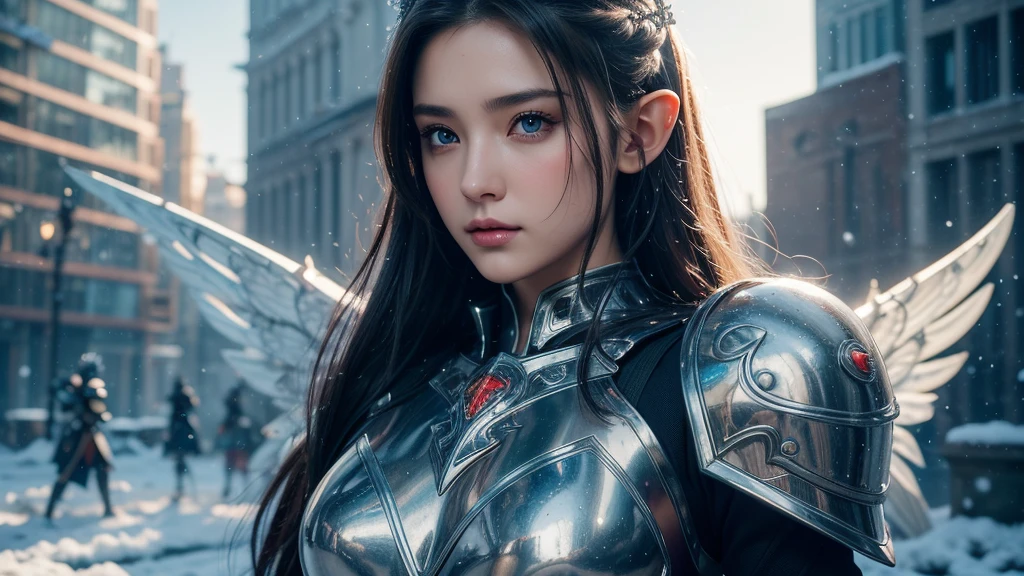Close-up of woman holding sword and armor, Armor Girl, 2. 5D CGI anime fantasy artwork, Large Breasts,Epic fantasy digital art style, detailed Digital 2D fantasy art, Digital 2D fantasy art, original photo, (best quality:1.3), high resolution, (masterpiece), (lifelike:1.4), Professional photography, Clear focus, High Dynamic Range, 8k resolution, Intricate details, Fine details, Depth of Field, Extremely detailed CG unified 8k wallpaper, masterpiece,poster,best quality,Official Art,(Beauty and aesthetics:1.2),(masterpiece:1.3),Female Elf,individual,Light Leather Armor,complex pattern,snow,Cyberpunk style future city,Medium distance photography,(early morning),dramatic,Glowing Wings,