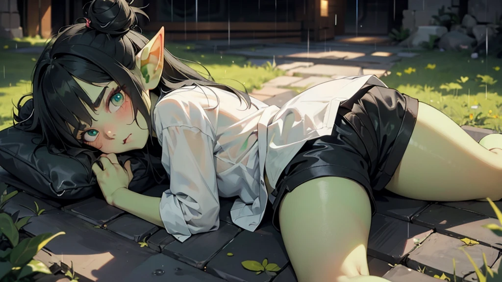 Best god quality, detailed, perfect anatomy, little goblin girl, goblin in just a big shirt, no shorts, no socks, exposed thighs, raining, it's raining hard, night, house, pointy ears, long ears, green skin, she has black hair, cute, big green eyes, looking at camera, black hair buns, black hair, looking at viewer, cute, adorable, solo, emerald eyes, only wearing shirt, single large shirt, socks, black hair, cute goblin, goblin girl, female goblin, mischievous look, excited expression, smug, (((SOLO))), (girl in middle standing)