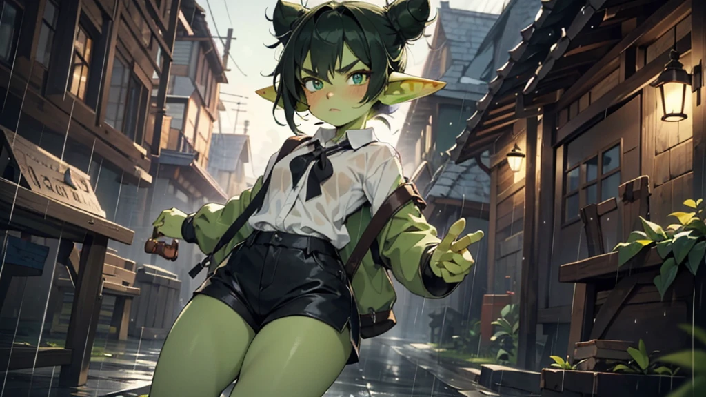 Best god quality, detailed, perfect anatomy, little goblin girl, goblin in just a big shirt, no shorts, no socks, exposed thighs, raining, it's raining hard, night, house, pointy ears, long ears, green skin, she has black hair, cute, big green eyes, looking at camera, black hair buns, black hair, looking at viewer, cute, adorable, solo, emerald eyes, only wearing shirt, single large shirt, socks, black hair, cute goblin, goblin girl, female goblin, mischievous look, excited expression, smug, (((SOLO))), (girl in middle standing)