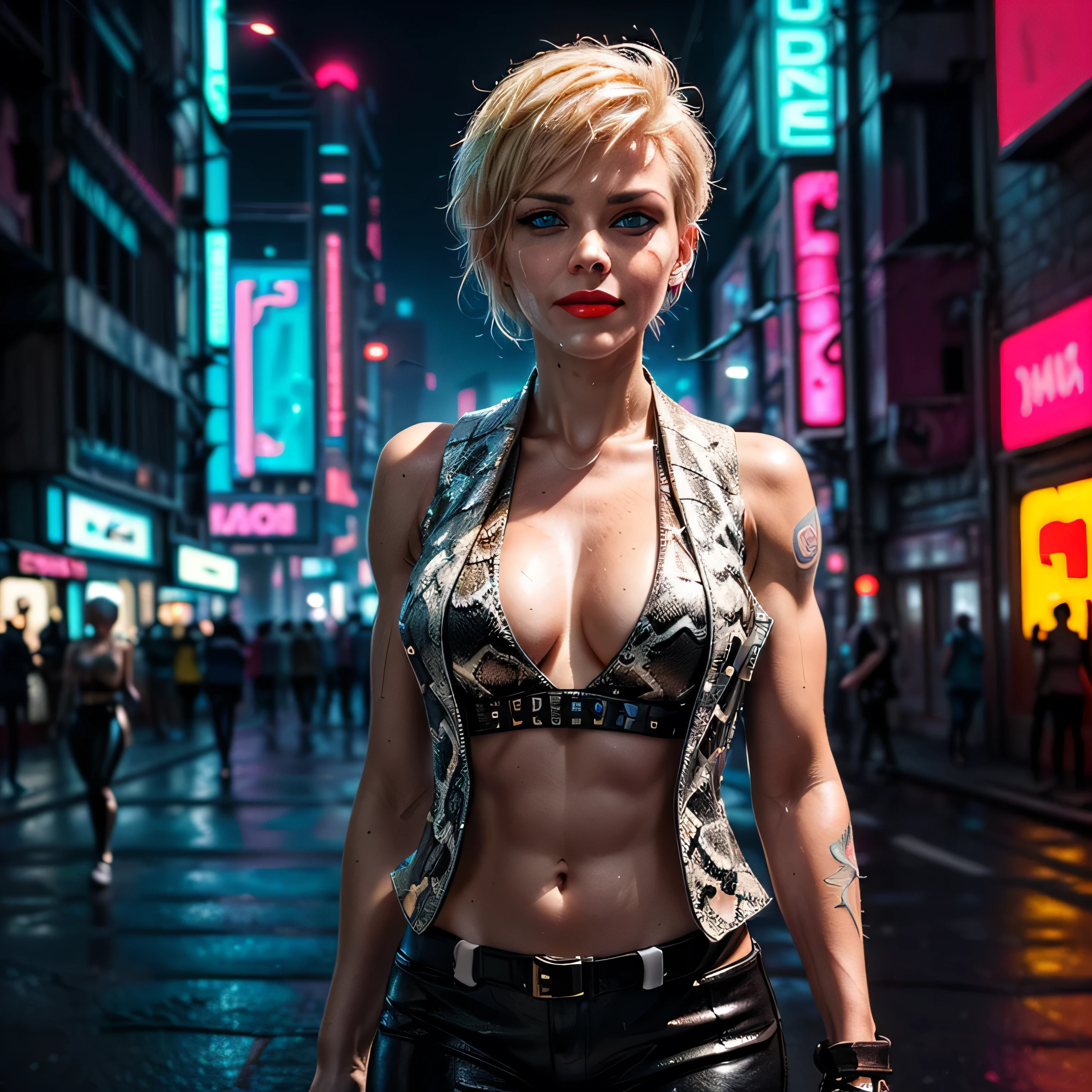 (masterpiece, photorealistic:1.4, extremely intricate:1.3), (photon mapping, radiosity, physically based rendering, ultra resolution, hyper-realistic, 8K), (((((mature female, [bodybuilder:supermodel:0.8], [large breasts:medium breasts:0.3], chrome rivets, ((white snakeskin leather vest, upper torso, humid, playful), topless)), smirking, tattoo:1.4, 30 years old, elegant:1.2)), hands in white leather pants pockets, long eyelashes, ((makeup:1.2, red lips)), [skin detail:freckles:0.8]), (((((background futuristic neon cyberpunk city street cyberpunk))))) professional photograph, (((short pixie hair [blonde hair:bright orange hair:0.8])))), BREAK ((sharp focus, dramatic, award winning, cinematic), bokeh, blurry background, interaction, metal reflections), bright eyes