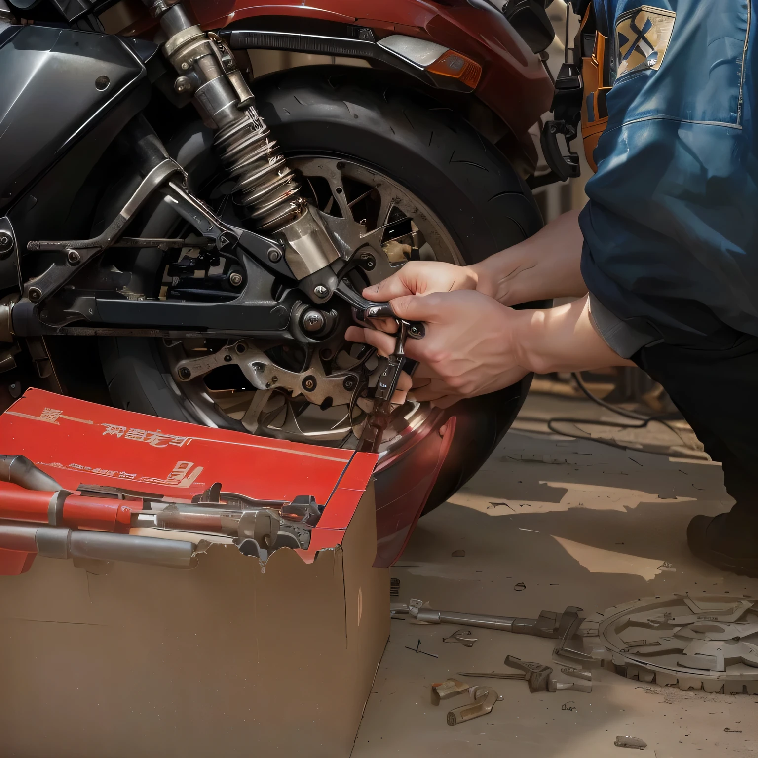 Someone is repairing a motorcycle with a wren and a box, wrench, author:Jakob Gauermann, Crescent wrench, maintain, author:Jason Benjamin, mechanical, mechanicals, Chrome motorcycle parts, maintain photo, Bottom Angle, Center Shot, very consistent, Surrealism, Maximum details, Wielding a wrench, author:Jason Felix, Close-up photos, Stunning composition images,Repairing a motorcycle with a wrench in both hands
