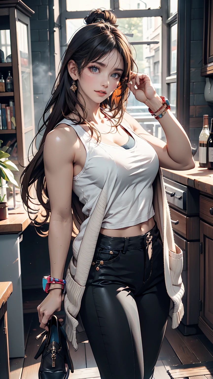 24-year-old female、Sexy proportions、Sexy、Wear a tank top and a cardigan、Wear capri pants、Wear heeled sandals、Gives a casual summer look、Wear accessories on your wrist