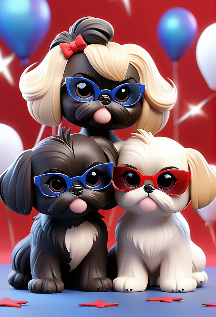 2 small adorable solid black Shih Tzu puppies wearing red sunglasses, cute blonde woman wearing cut offs, a white tank top and sandals, red, white and blue firework background Pixar 3D cartoon