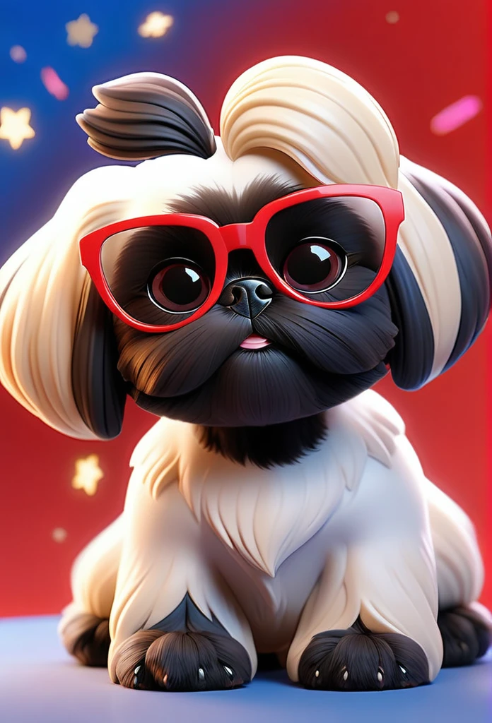 2 small adorable solid black Shih Tzu puppies wearing red sunglasses, cute blonde woman wearing cut offs, a white tank top and sandals, red, white and blue firework background Pixar 3D cartoon
