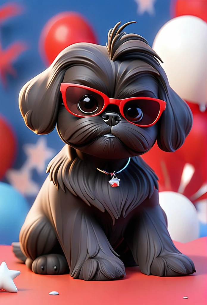 2 small adorable solid black Shih Tzu puppies wearing red sunglasses, cute blonde woman wearing cut offs, a white tank top and sandals, red, white and blue firework background Pixar 3D cartoon