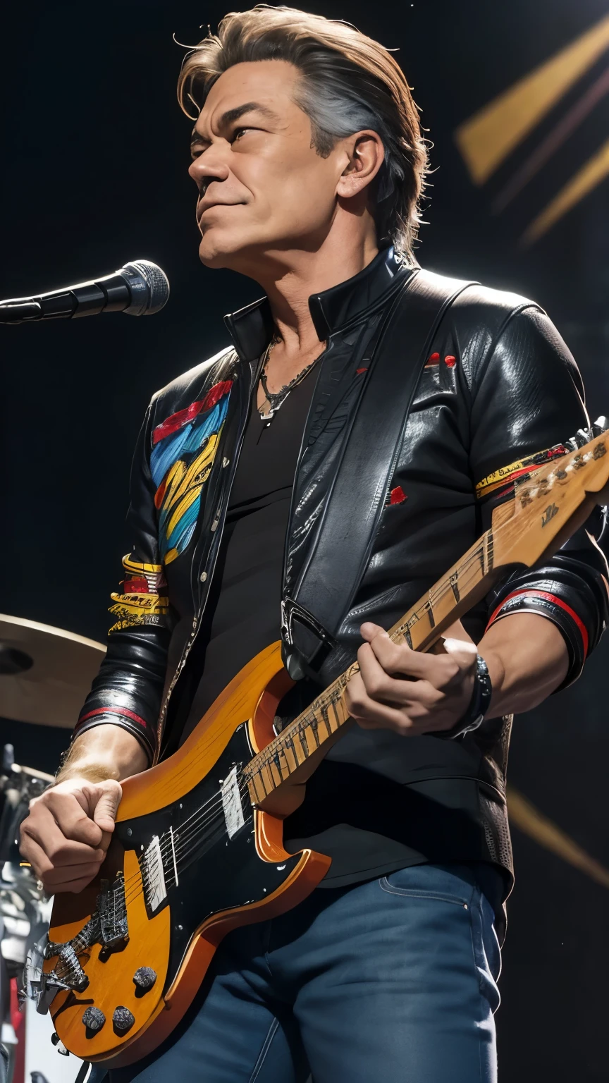 eddie Van halen, ON STAGE PLAYING ELETRIC GUITAR, STAND FULL BODY,MULTI COLOR JACKET,WHYTE PENTS