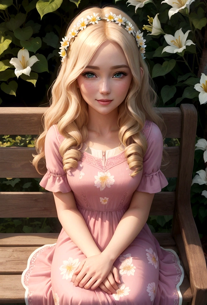 Lily's beautiful mother, Anna, joins her on the bench. Anna has long, wavy blond hair and wears a pink dress with a floral pattern. She has warm, green eyes that look lovingly at Lily, who has long blond hair, sparkling blue eyes, and wears a light blue dress adorned with small flowers. The bond between them is evident as they share a moment of quiet joy. The sun shines brightly, and the garden is in full bloom. (good quality:1.2), (Ultradetailed:1.2), (ultradetailed face:1.2), (ultradetailed body:1.2)