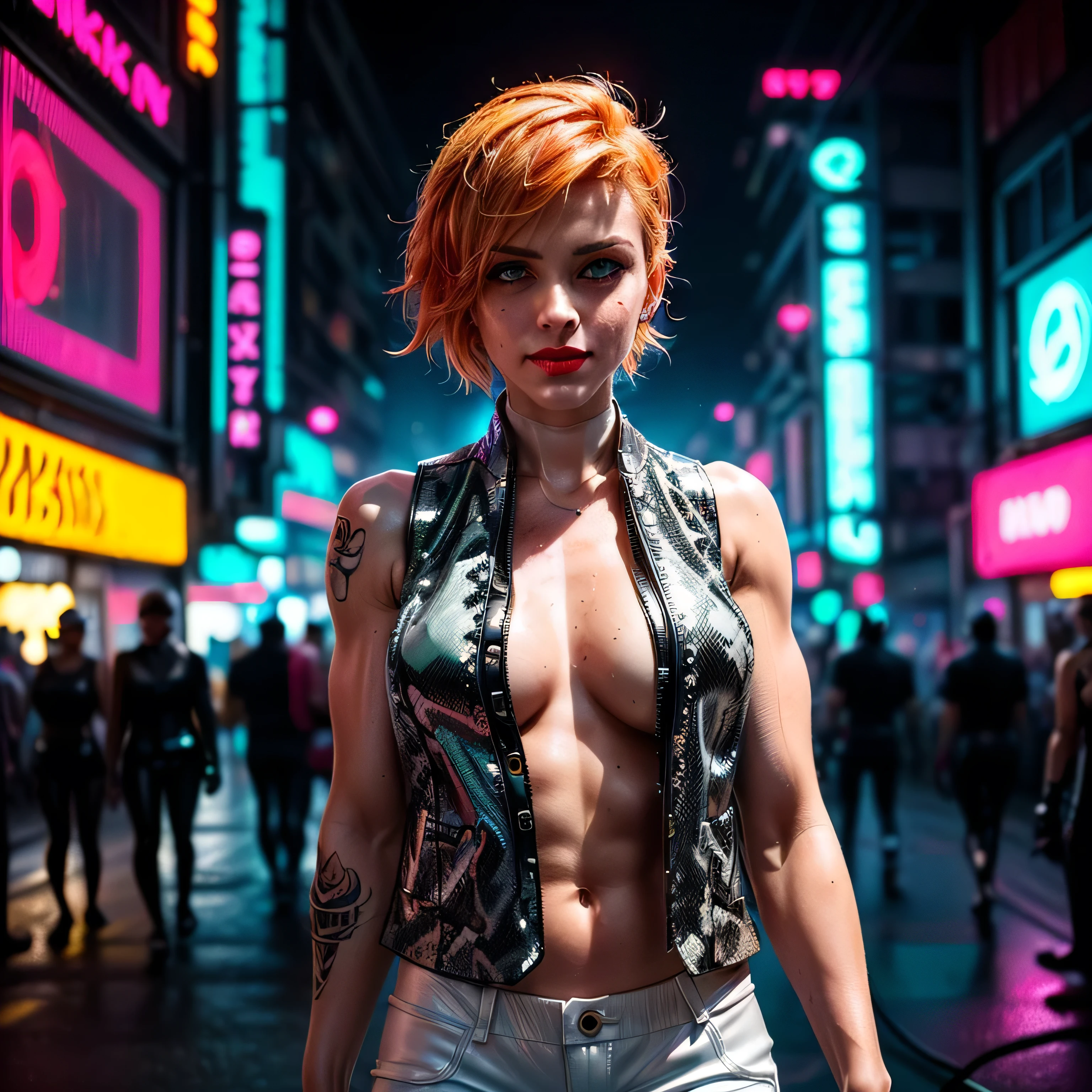 (masterpiece, photorealistic:1.4, extremely intricate:1.3), (photon mapping, radiosity, physically based rendering, ultra resolution, hyper-realistic, 8K), ((((( female, [bodybuilder:supermodel:0.8], [large breastm breasts:0.3], rivets, ((white snakeskin leather vest, upper torso, humid, playful), topless)), smirking, tattoo:1.4, 30 years old, elegant:1.2)), hands in white leather pants pockets, long eyelashes, ((makeup:1.2, red lips)), [skin detail:freckles:0.8]), (((((background futuristic neon cyberpunk city street cyberpunk))))) professional photograph, (((short pixie hair [blonde hair:bright orange hair:0.8])))), BREAK ((sharp focus, dramatic, award winning, cinematic), bokeh, blurry background, interaction, metal r, bright eyes