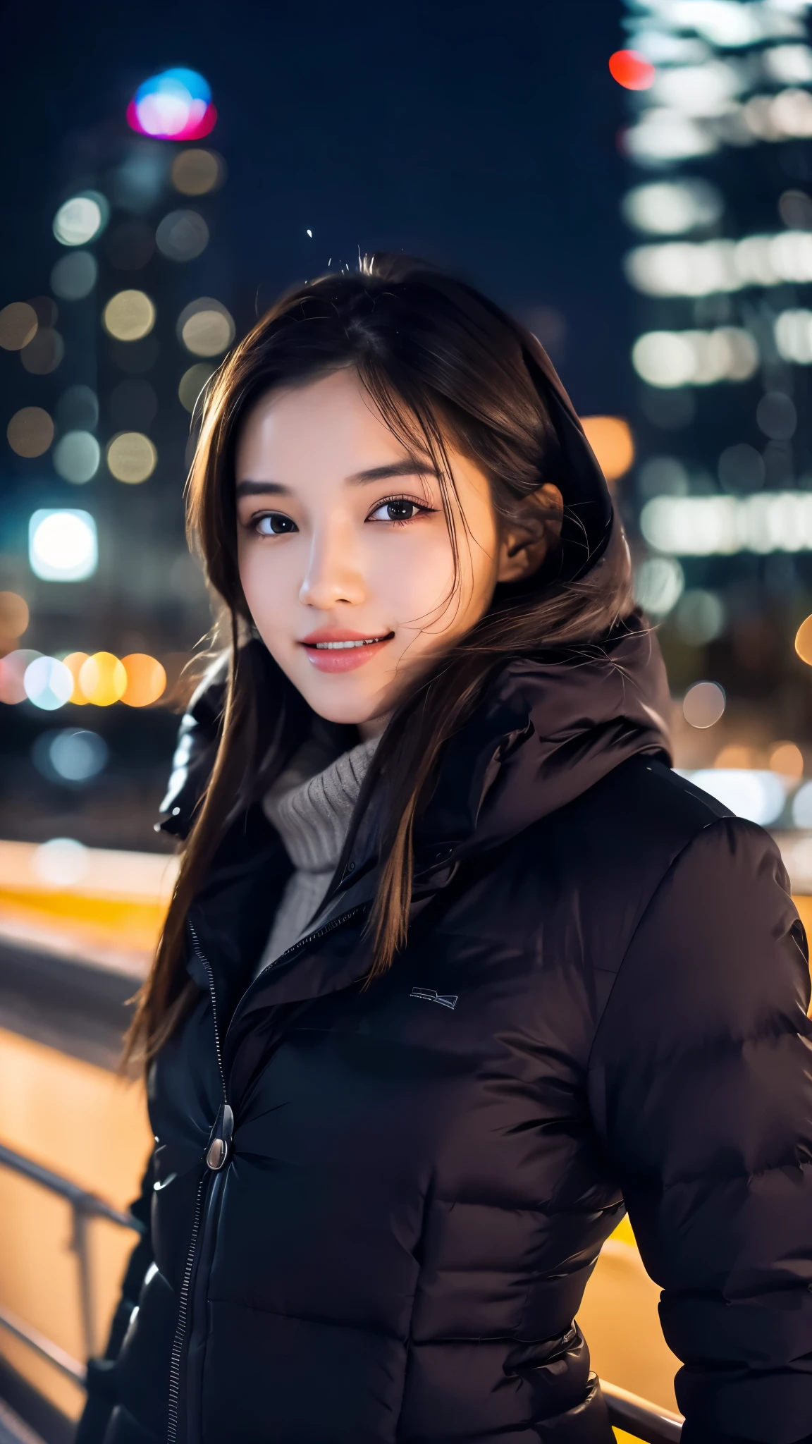 Highest resolution, 4K, Masterpiece, 1girl, fine eyes, Slender figure, Realistic teeth, double eyelids, full body, best quality, detailed, beauty, at the city, night, winter