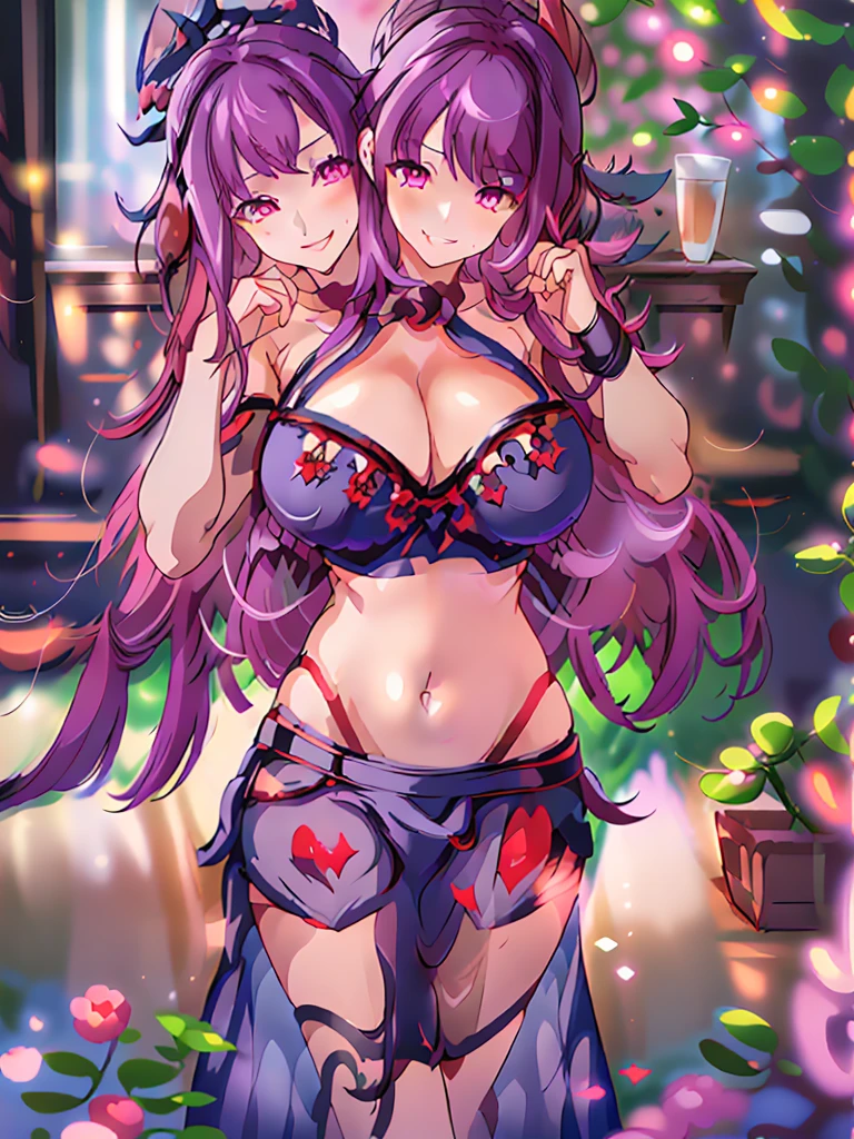 (masterpiece, best quality), best resolution, (3heads:1.5), 1girl, purple hair, long flowing hair, smiling, seductive smile, open belly, black crop top, dark purple miniskirt, open , big tithuge tits, black head, beautiful eyes, alluring presence,