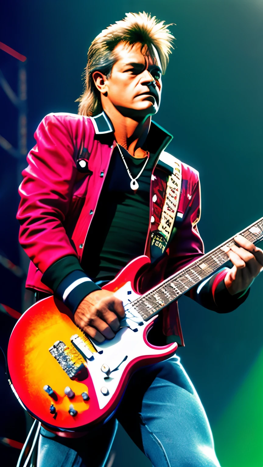 eddie Van halen, ON STAGE PLAYING ELETRIC GUITAR, STAND FULL BODY,MULTI COLOR JACKET,WHYTE PENTS