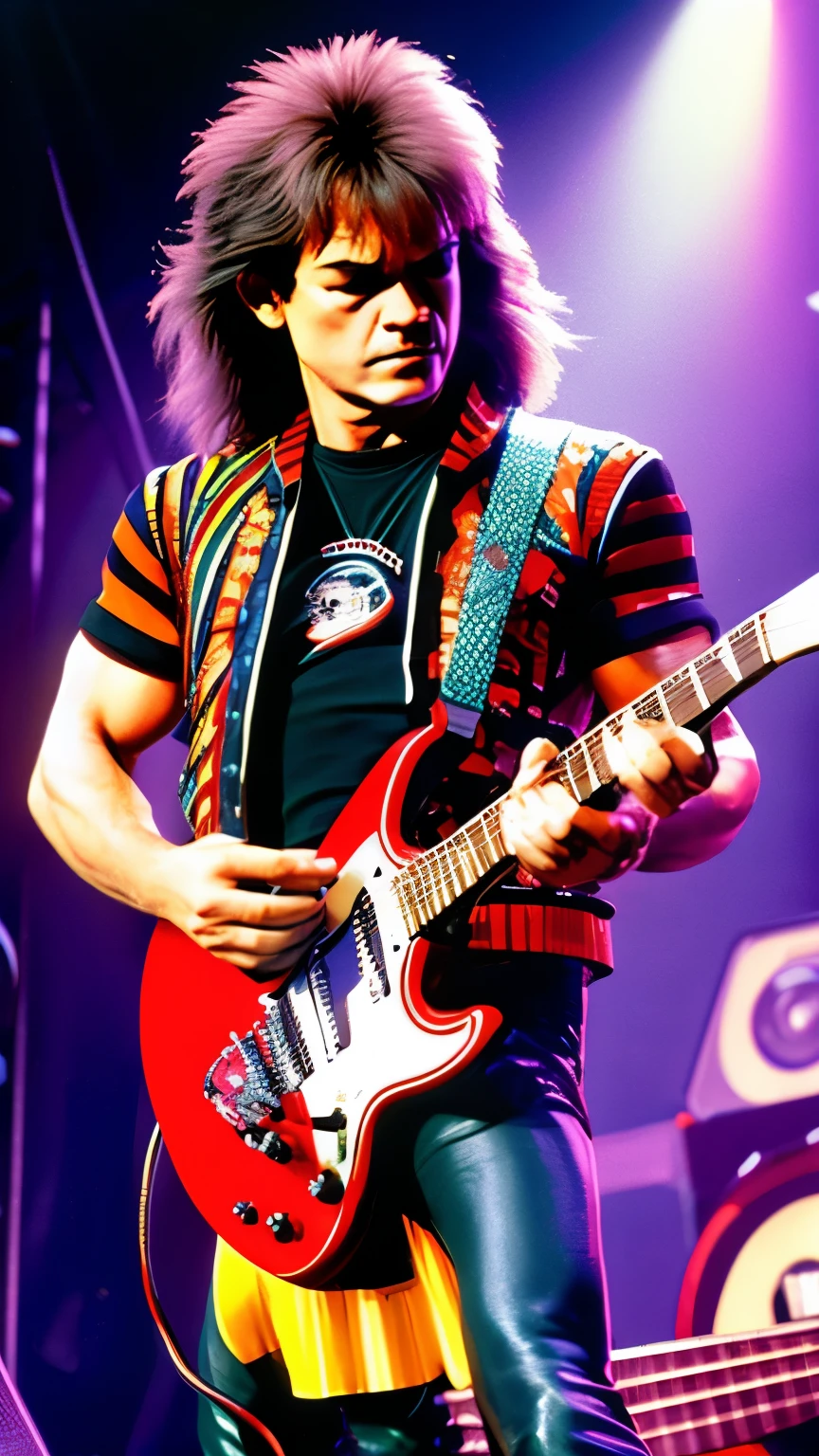 eddie Van halen, ON STAGE PLAYING ELETRIC GUITAR, STAND FULL BODY,MULTI COLOR JACKET,WHYTE PENTS