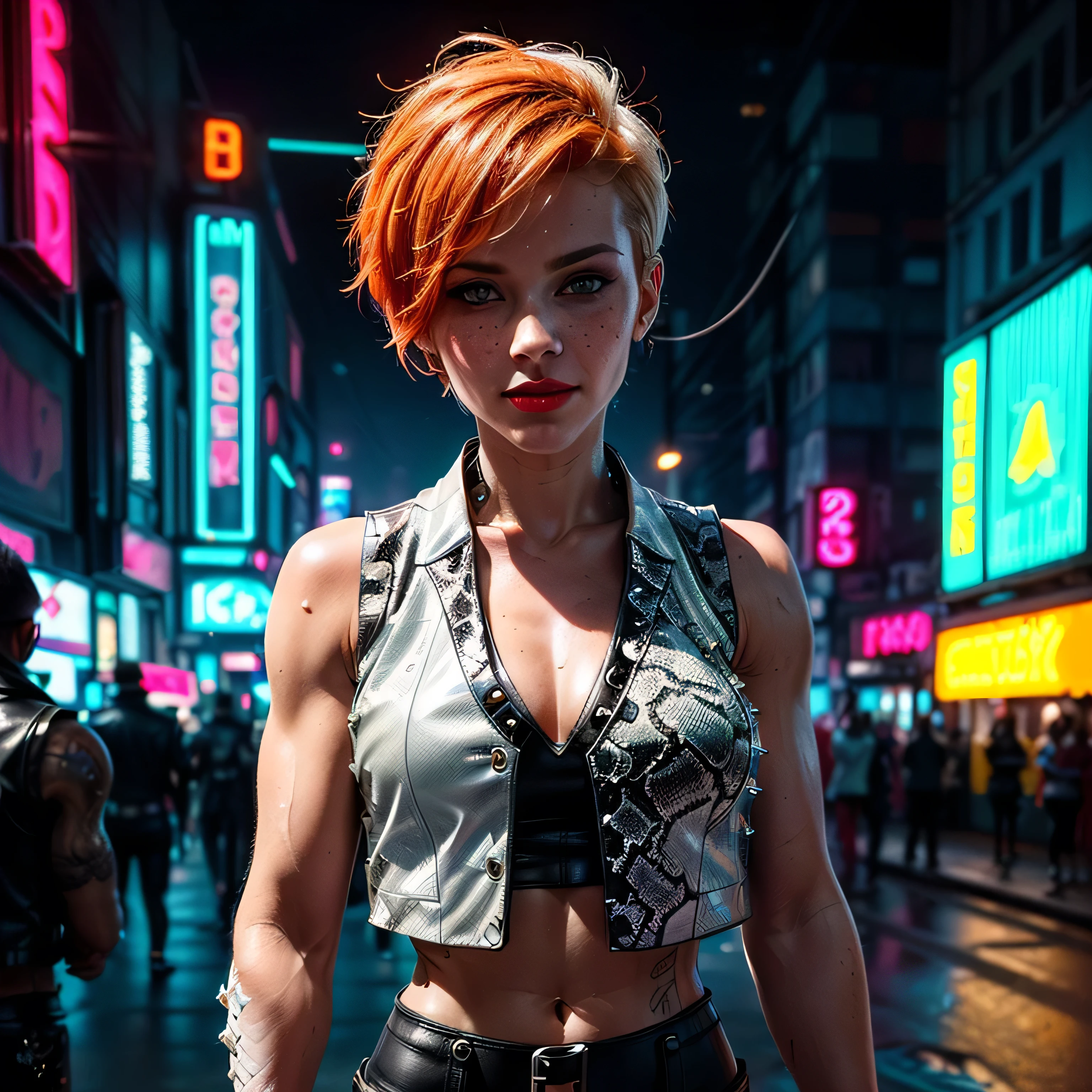 (masterpiece, photorealistic:1.4, extremely intricate:1.3), (photon mapping, radiosity, physically based rendering, ultra resolution, hyper-realistic, 8K), (((((mature female, [bodybuilder:supermodel:0.8], [large breasts:medium breasts:0.3], chrome rivets, ((white snakeskin leather vest, upper torso, humid, playful), topless)), smirking, tattoo:1.4, 30 years old, elegant:1.2)), hands in white leather pants pockets, long eyelashes, ((makeup:1.2, red lips)), [skin detail:freckles:0.8]), (((((background futuristic neon cyberpunk city street cyberpunk))))) professional photograph, (((short pixie hair [blonde hair:bright orange hair:0.8])))), BREAK ((sharp focus, dramatic, award winning, cinematic), bokeh, blurry background, interaction, metal reflections), bright eyes