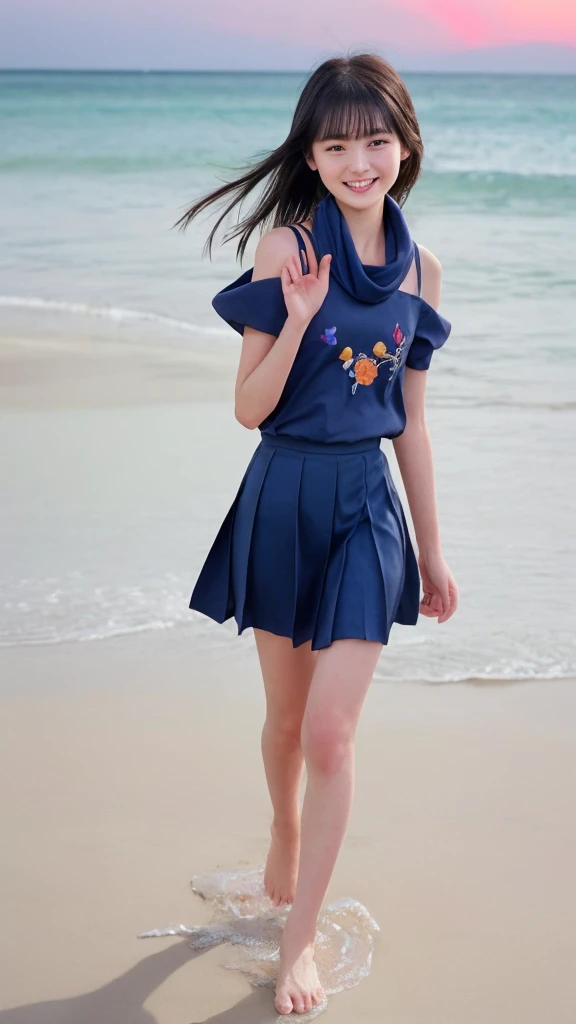 (((Facial fidelity of the LoRA model used)))、((masterpiece:1.27、Every detail counts))、The seaside dyed in the sunset、Playing in the water alone、Cute Japanese 、Straight black hair up to the shoulders、Bangs are cut straight above the eyebrows、Traditional Japanese Uniform、Sailor top with white collar and navy blue lines、Wear a navy blue mini pleated skirt、A red scarf on the chest of the top、Skin is brighter and smoother、Eyes are deep purple、Long, black eyelashes、Eyes sparkling、Excitement and joy、Eyebrows are thin and well-formed、The nose is small、Nose Bridge、The mouth is small、Fuller lips、natural pink lips、The ears are small、Roll up the sleeves of your uniform to your elbows、The hem of my skirt is also a little wet.、Walking barefoot on the beach、The waves wash up at my feet、The legs are small and white、Fine sand on my toes、波打ち際でlooks funに波を跳ね返しながら、Occasionally, they scoop up seawater with their hands and throw it back into the waves.、Every time the water touches your feet, it splashes a little.、looks fun、The vast blue sea and white sand、Beautiful orange sky at sunset、A small island in the distance々、Small shells on the beach、Driftwood、The sound of waves、A school bag carelessly placed on the beach、Carefully arranged shoes and socks、The bag is black in color、Embroidered school logo、Overall、Relaxing after school、A scene that brings back fond memories of the end of summer
