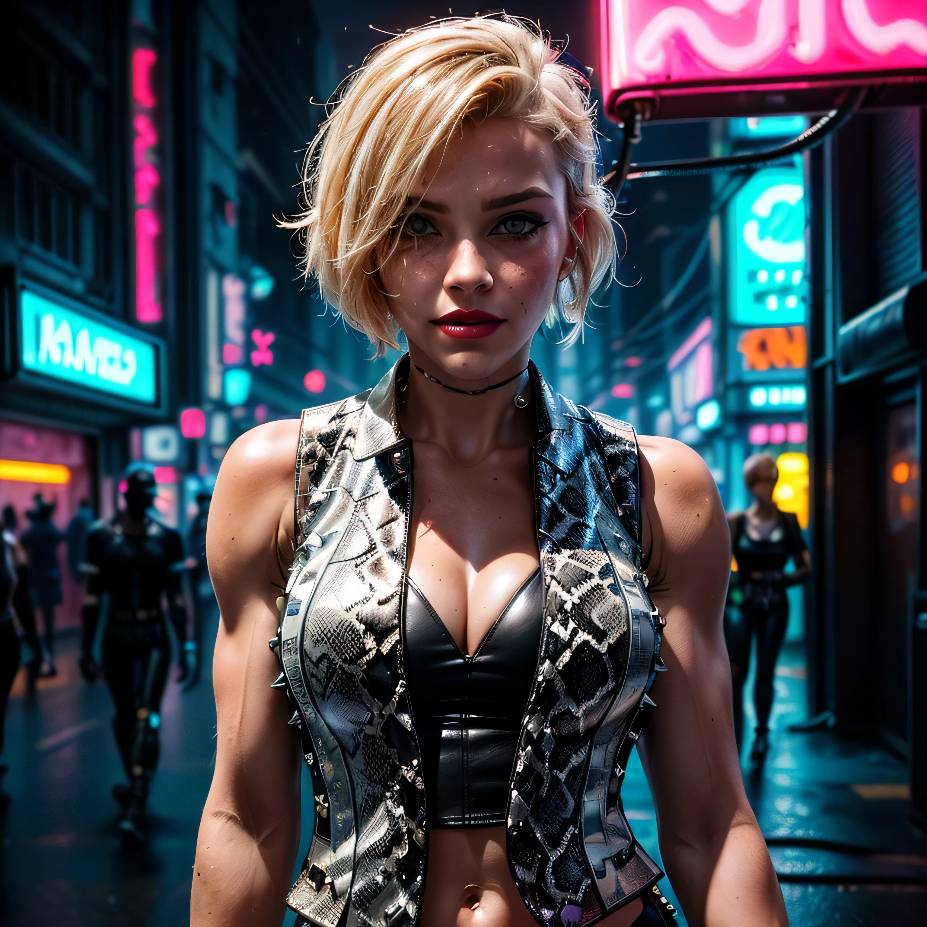 (masterpiece, photorealistic:1.4, extremely intricate:1.3), (photon mapping, radiosity, physically based rendering, ultra resolution, hyper-realistic, 8K), (((((mature female, [bodybuilder:supermodel:0.8], [large breasts:medium breasts:0.3], chrome rivets, ((white snakeskin leather vest, upper torso, humid, playful), topless)), smirking, tattoo:1.4, 30 years old, elegant:1.2)), hands in white leather pants pockets, long eyelashes, ((makeup:1.2, red lips)), [skin detail:freckles:0.7]), (((((background futuristic neon cyberpunk city street cyberpunk))))) professional photograph, (((short pixie hair [blonde hair:bright orange hair:0.8])))), BREAK ((sharp focus, dramatic, award winning, cinematic), bokeh, blurry background, interaction, metal reflections), bright eyes