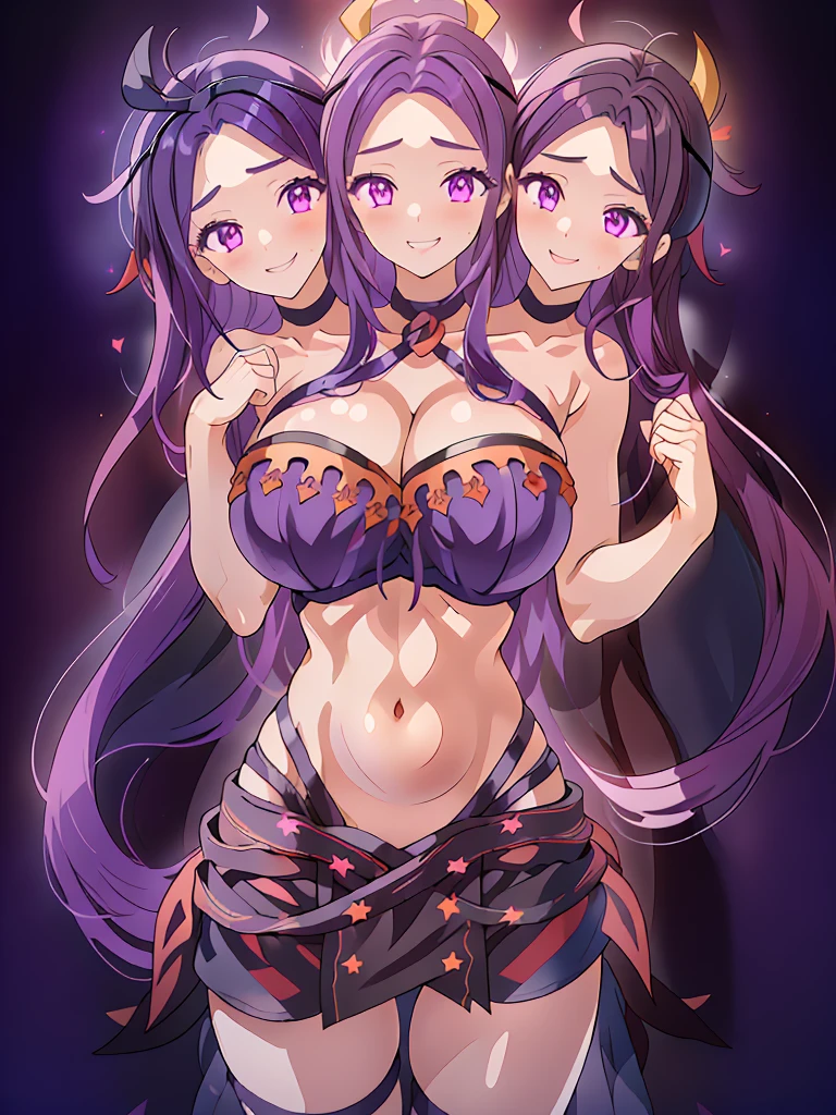 (masterpiece, best quality), best resolution, (3heads:1.5), 1girl, purple hair, long flowing hair, smiling, seductive smile, open belly, black crop top, dark purple miniskirt, open breasts, big tits, very huge tits, black headband, beautiful eyes, alluring presence,