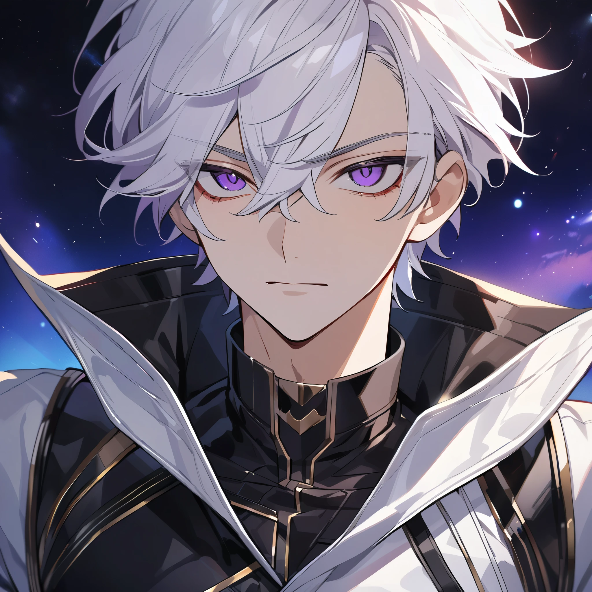 High quality, HD, 4k, no shadows, handsome male, 1male, , teenager, go lining, short white hair, sharp eyes, dark purple eyes, deep purple eyes, devil may cry, close up, calm expression, stoic expression, black leather clothes, white leather clothing, lean body, well trained body, upper body, looking at viewer, cowboy shot, white solar, space background