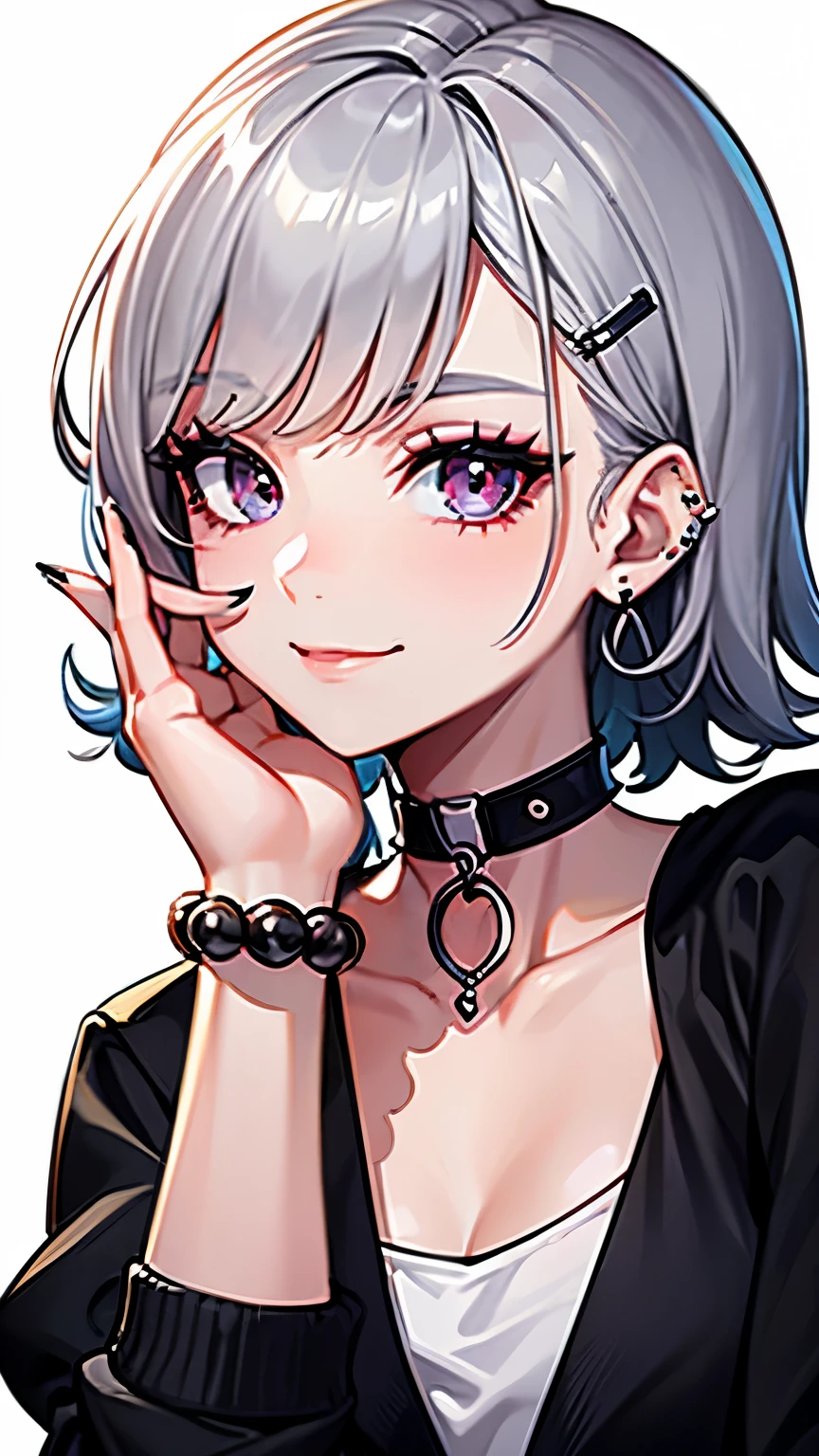 pilyeon, solo, 1girl, black nails, jewelry, short hair, looking at viewer, choker, necklace, hand on own face, piercing, white background, heart, closed mouth, grey eyes, nail polish, simple background, grey hair, ear piercing, black choker, smile, eyelashes, lips, hand on own cheek, bangs, bracelet, beads, gem, earrings, fingernails