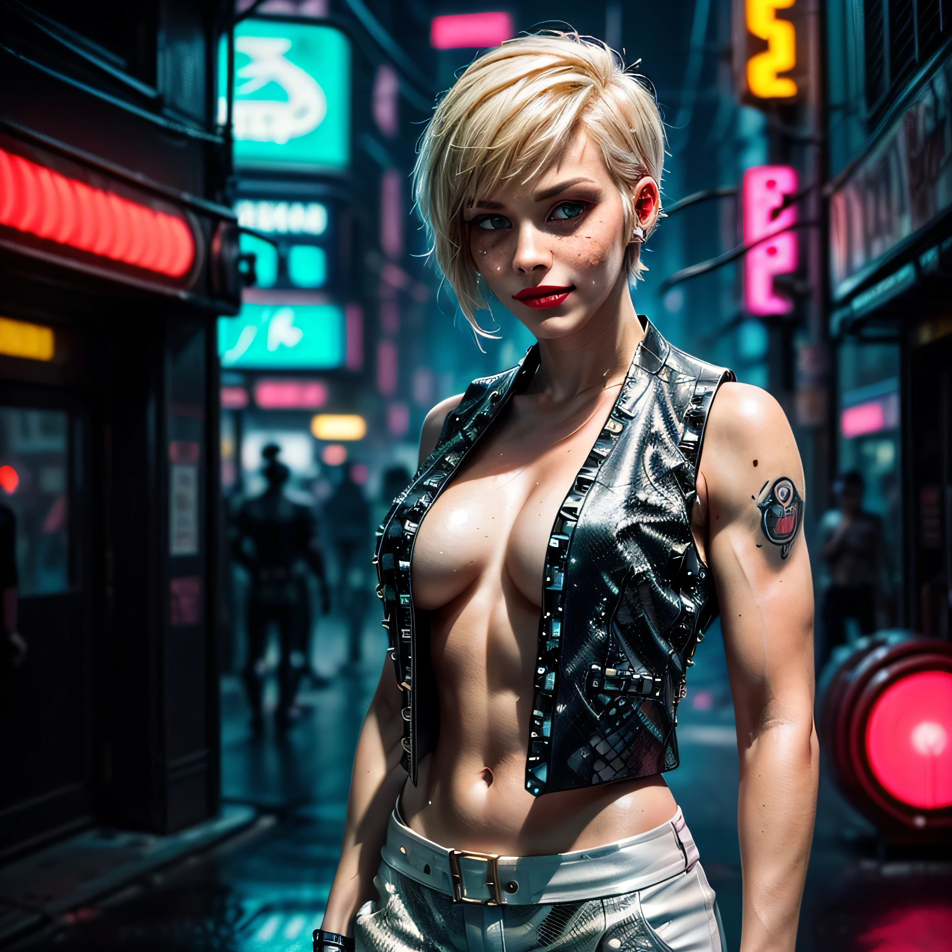(masterpiece, photorealistic:1.4, extremely intricate:1.3), (photon mapping, radiosity, physically based rendering, ultra resolution, hyper-realistic, 8K), (((((mature female, [bodybuilder:supermodel:0.8], [large breasts:medium breasts:0.3], chrome rivets, ((white snakeskin leather vest, upper torso, humid, playful), topless)), smirking, tattoo:1.4, 30 years old, elegant:1.2)), hands in white leather pants pockets, long eyelashes, ((makeup:1.2, red lips)), [skin detail:freckles:0.7]), (((((background futuristic neon cyberpunk city street cyberpunk))))) professional photograph, (((short pixie hair [blonde hair:bright orange hair:0.8])))), BREAK ((sharp focus, dramatic, award winning, cinematic), bokeh, blurry background, interaction, metal reflections), bright eyes